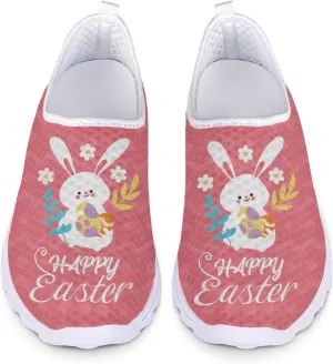 HUIACONG Happy Easter Womens Slip On Sneaker Easter Rabbit Egg Running Shoes for Teen Girls Casual Walking Trainers Size 10 Breathable Lightweight Tennis Shoes Footwear Pink