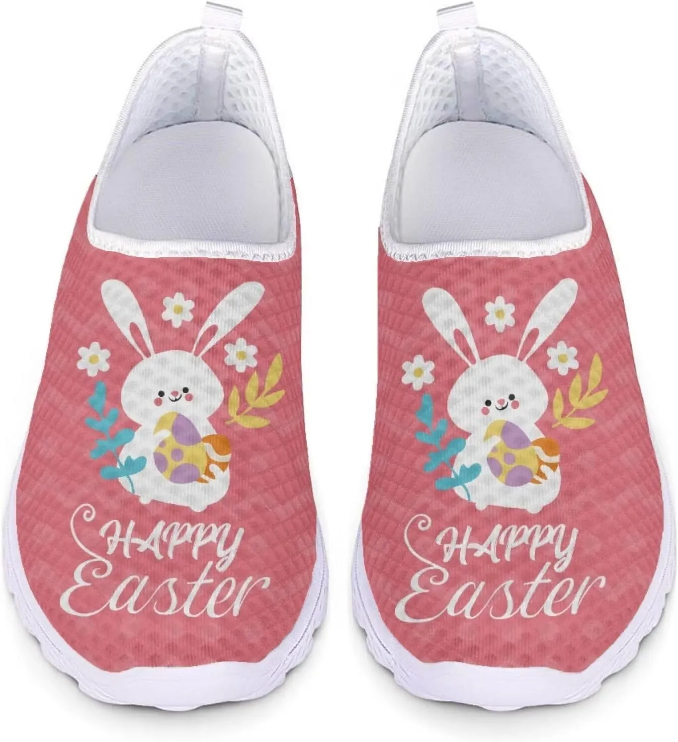 HUIACONG Happy Easter Womens Slip On Sneaker Easter Rabbit Egg Running Shoes for Teen Girls Casual Walking Trainers Size 10 Breathable Lightweight Tennis Shoes Footwear Pink