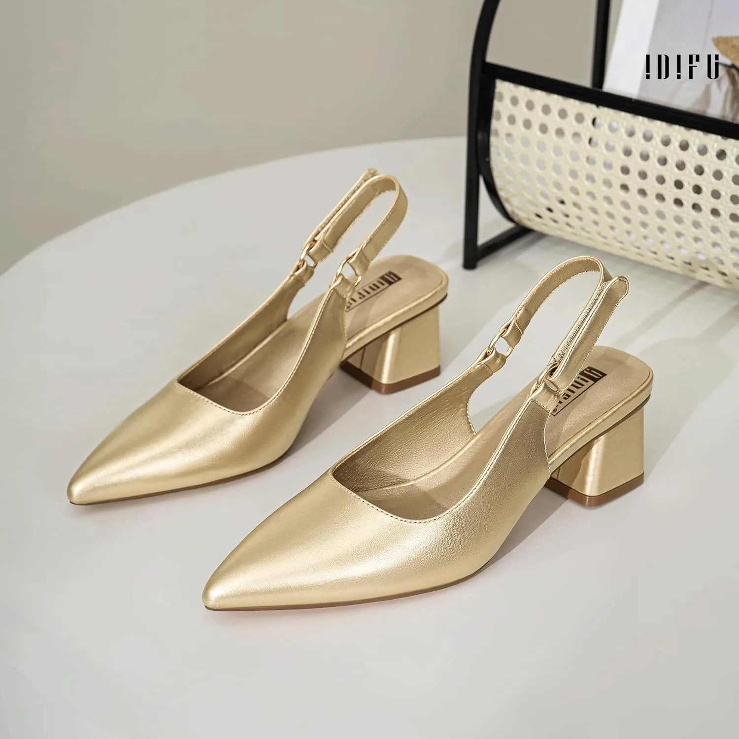 IDIFU IN2 Slingback Closed Toe Heels Chunky Low Block Short Heels Women's Pumps Hook and Loop Pointed Toe Wedding Bride Prom Dress Shoes for Women Dressy Comfortable Cute Small Thick Pumps Shoes