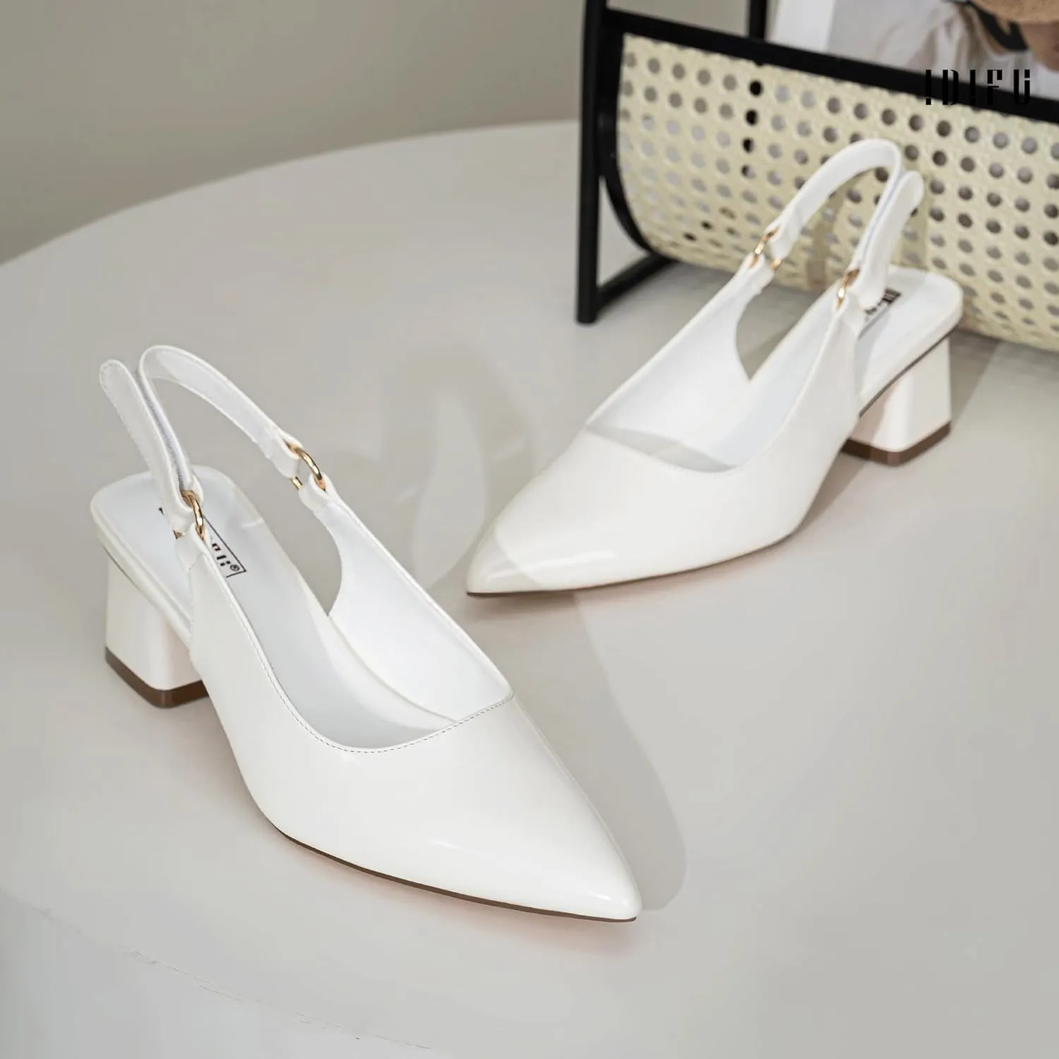IDIFU IN2 Slingback Closed Toe Heels Chunky Low Block Short Heels Women's Pumps Hook and Loop Pointed Toe Wedding Bride Prom Dress Shoes for Women Dressy Comfortable Cute Small Thick Pumps Shoes