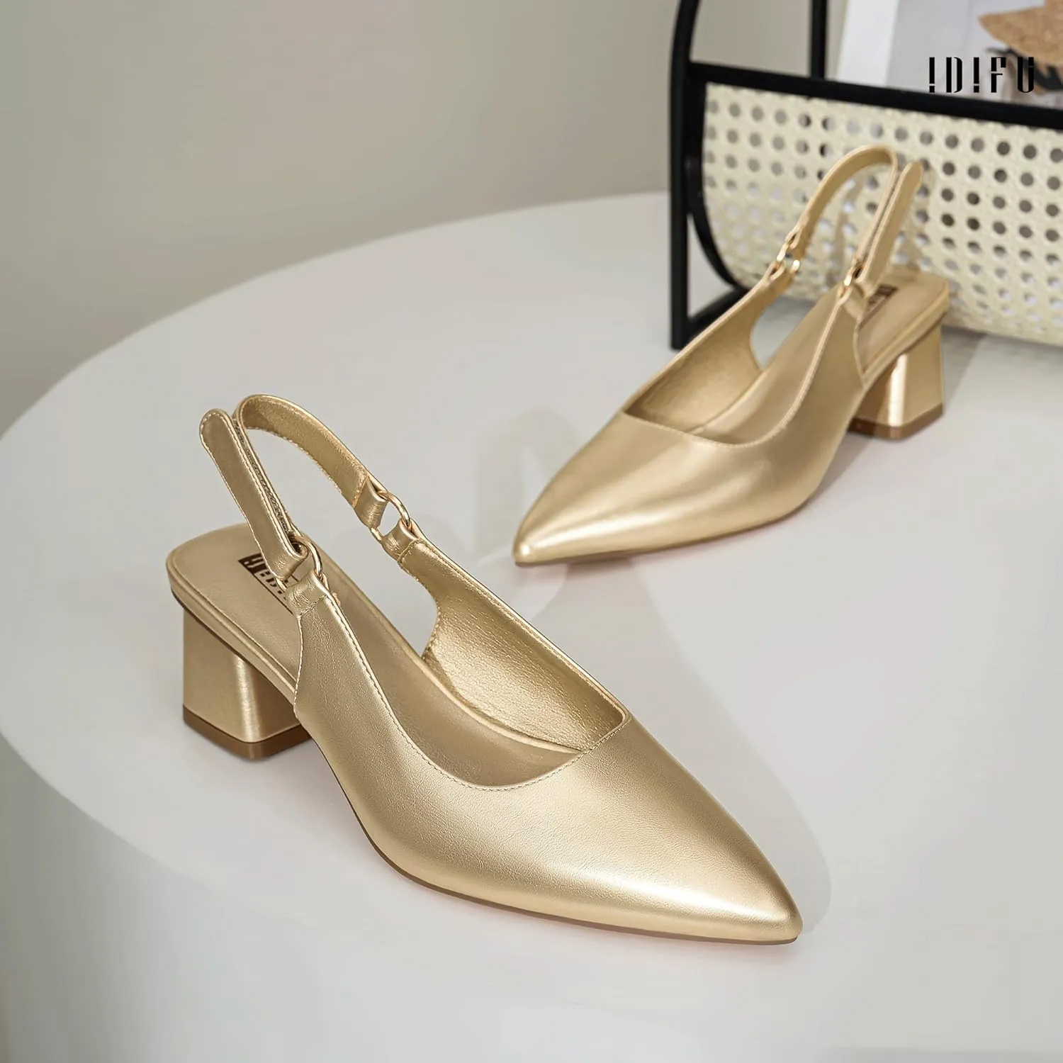 IDIFU IN2 Slingback Closed Toe Heels Chunky Low Block Short Heels Women's Pumps Hook and Loop Pointed Toe Wedding Bride Prom Dress Shoes for Women Dressy Comfortable Cute Small Thick Pumps Shoes