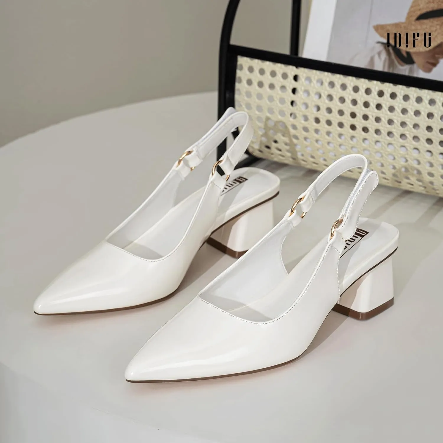 IDIFU IN2 Slingback Closed Toe Heels Chunky Low Block Short Heels Women's Pumps Hook and Loop Pointed Toe Wedding Bride Prom Dress Shoes for Women Dressy Comfortable Cute Small Thick Pumps Shoes