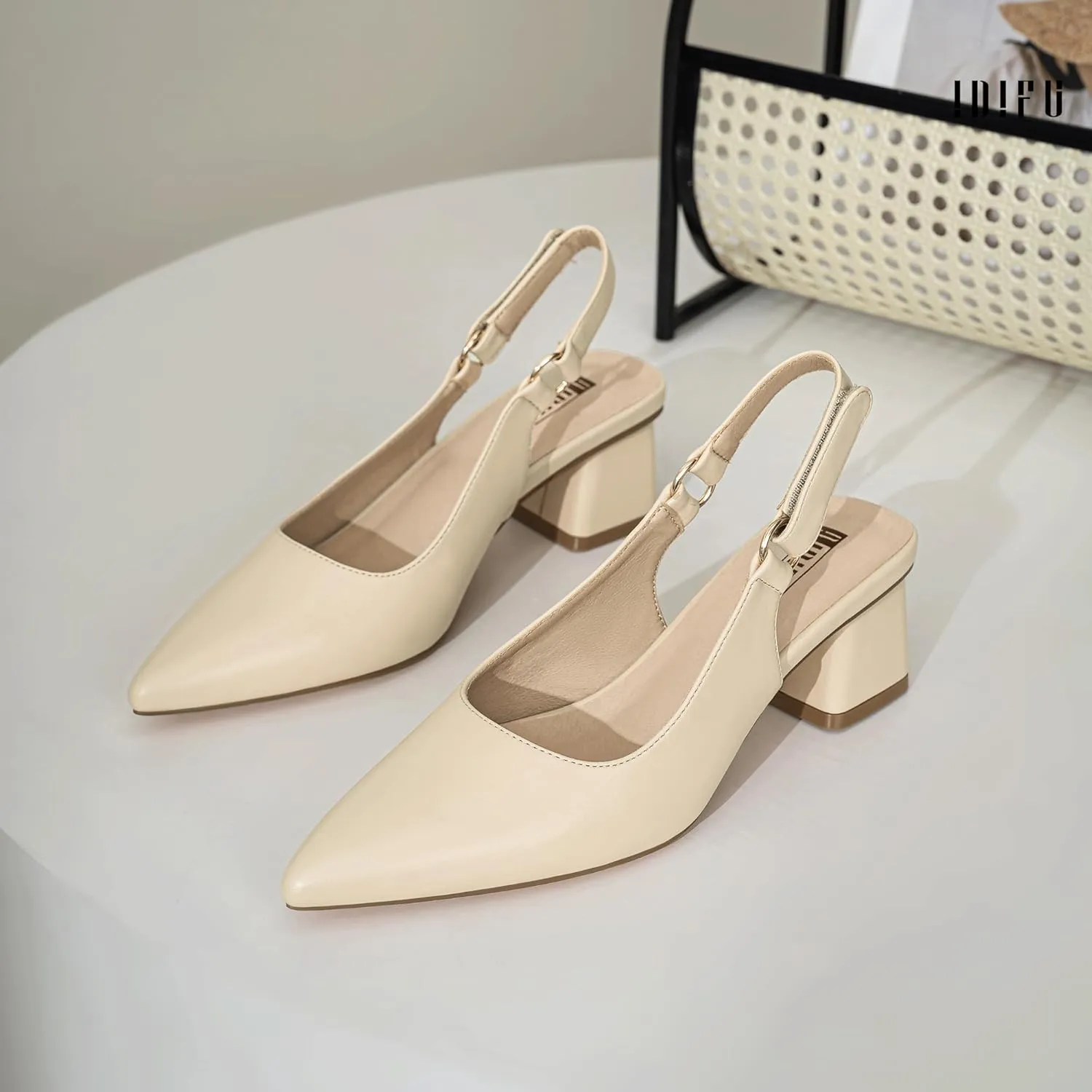 IDIFU IN2 Slingback Closed Toe Heels Chunky Low Block Short Heels Women's Pumps Hook and Loop Pointed Toe Wedding Bride Prom Dress Shoes for Women Dressy Comfortable Cute Small Thick Pumps Shoes