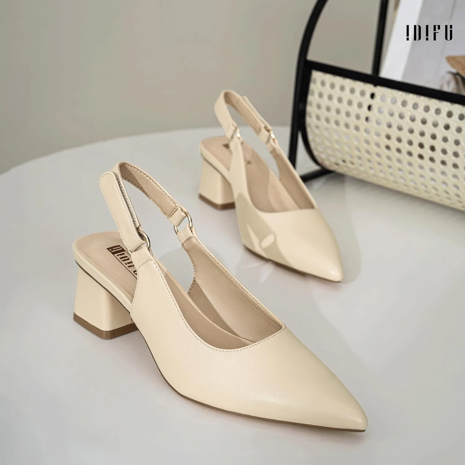 IDIFU IN2 Slingback Closed Toe Heels Chunky Low Block Short Heels Women's Pumps Hook and Loop Pointed Toe Wedding Bride Prom Dress Shoes for Women Dressy Comfortable Cute Small Thick Pumps Shoes