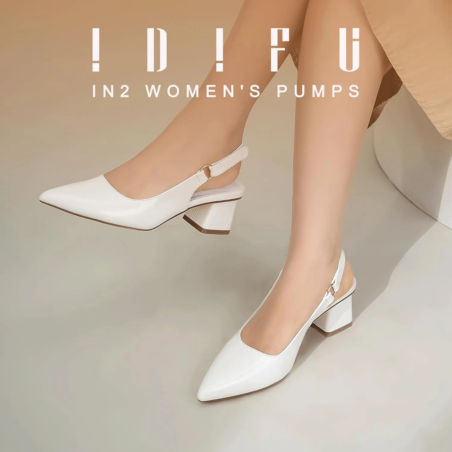 IDIFU IN2 Slingback Closed Toe Heels Chunky Low Block Short Heels Women's Pumps Hook and Loop Pointed Toe Wedding Bride Prom Dress Shoes for Women Dressy Comfortable Cute Small Thick Pumps Shoes