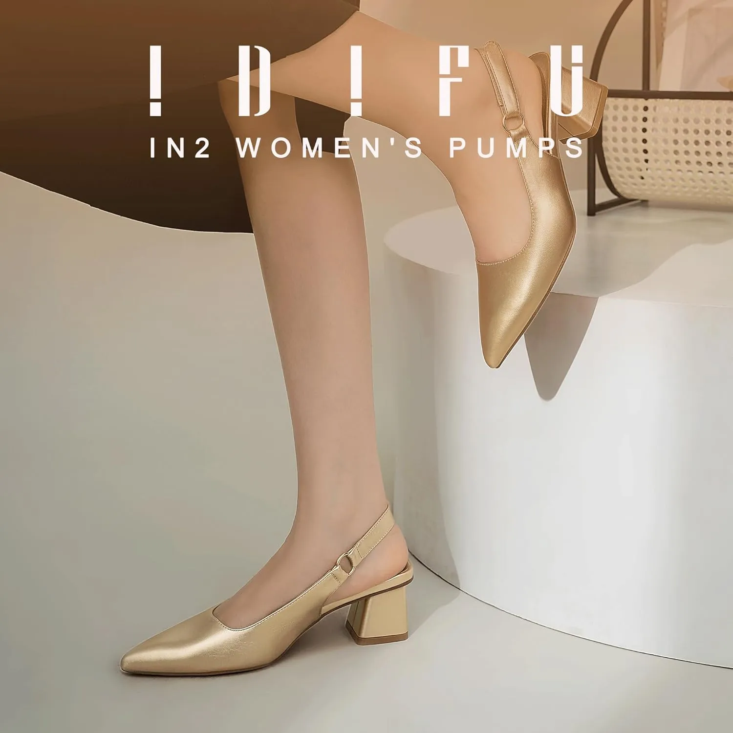 IDIFU IN2 Slingback Closed Toe Heels Chunky Low Block Short Heels Women's Pumps Hook and Loop Pointed Toe Wedding Bride Prom Dress Shoes for Women Dressy Comfortable Cute Small Thick Pumps Shoes