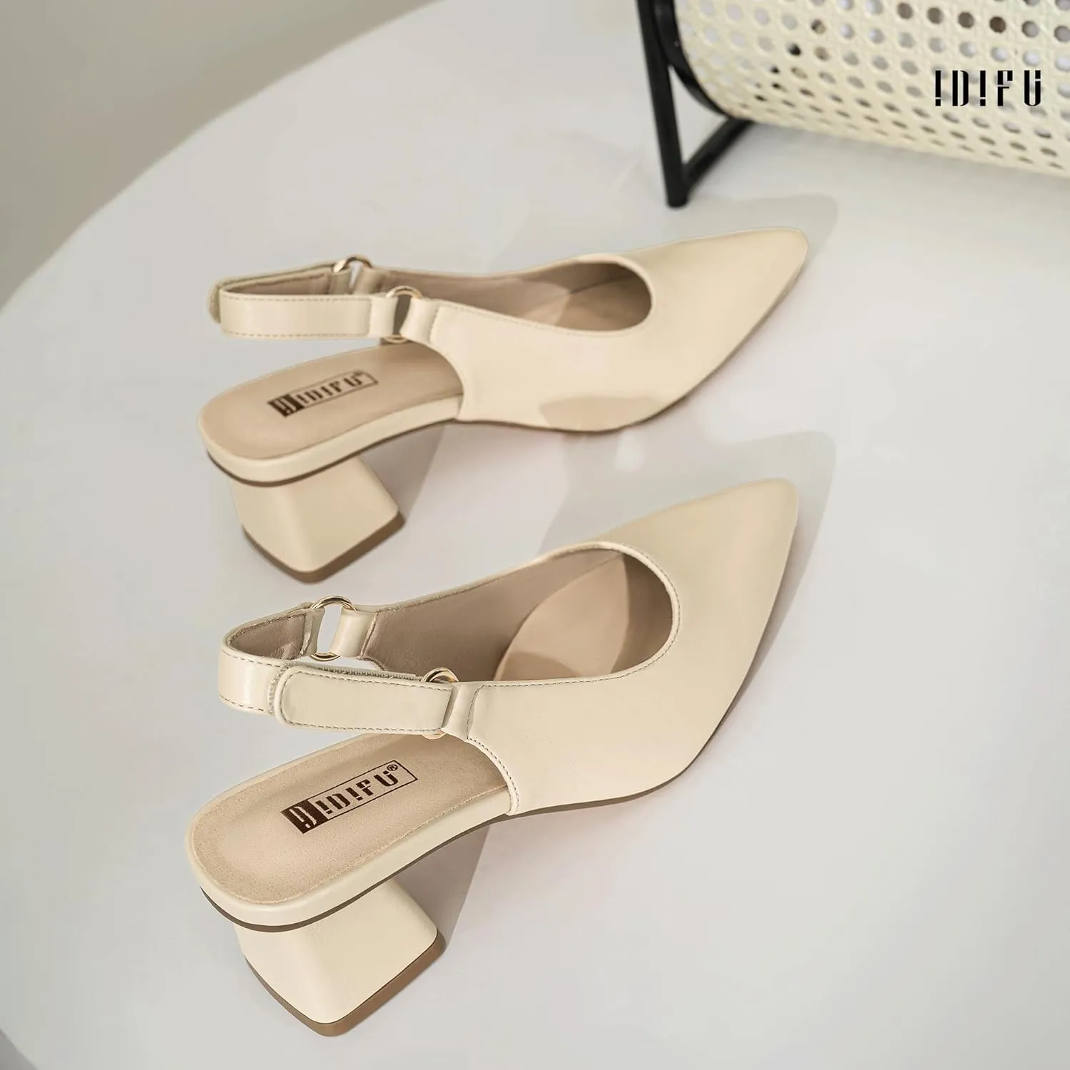 IDIFU IN2 Slingback Closed Toe Heels Chunky Low Block Short Heels Women's Pumps Hook and Loop Pointed Toe Wedding Bride Prom Dress Shoes for Women Dressy Comfortable Cute Small Thick Pumps Shoes