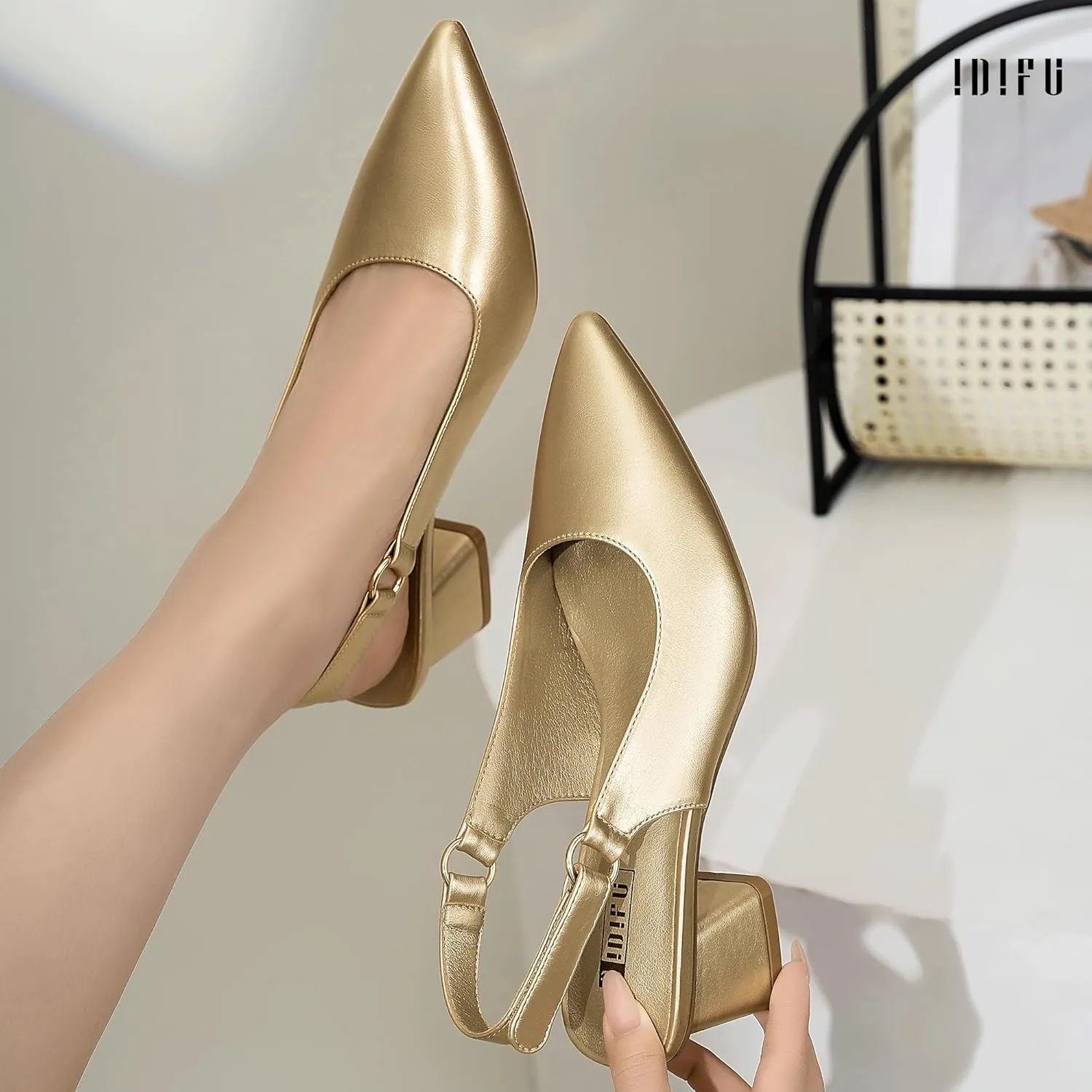 IDIFU IN2 Slingback Closed Toe Heels Chunky Low Block Short Heels Women's Pumps Hook and Loop Pointed Toe Wedding Bride Prom Dress Shoes for Women Dressy Comfortable Cute Small Thick Pumps Shoes