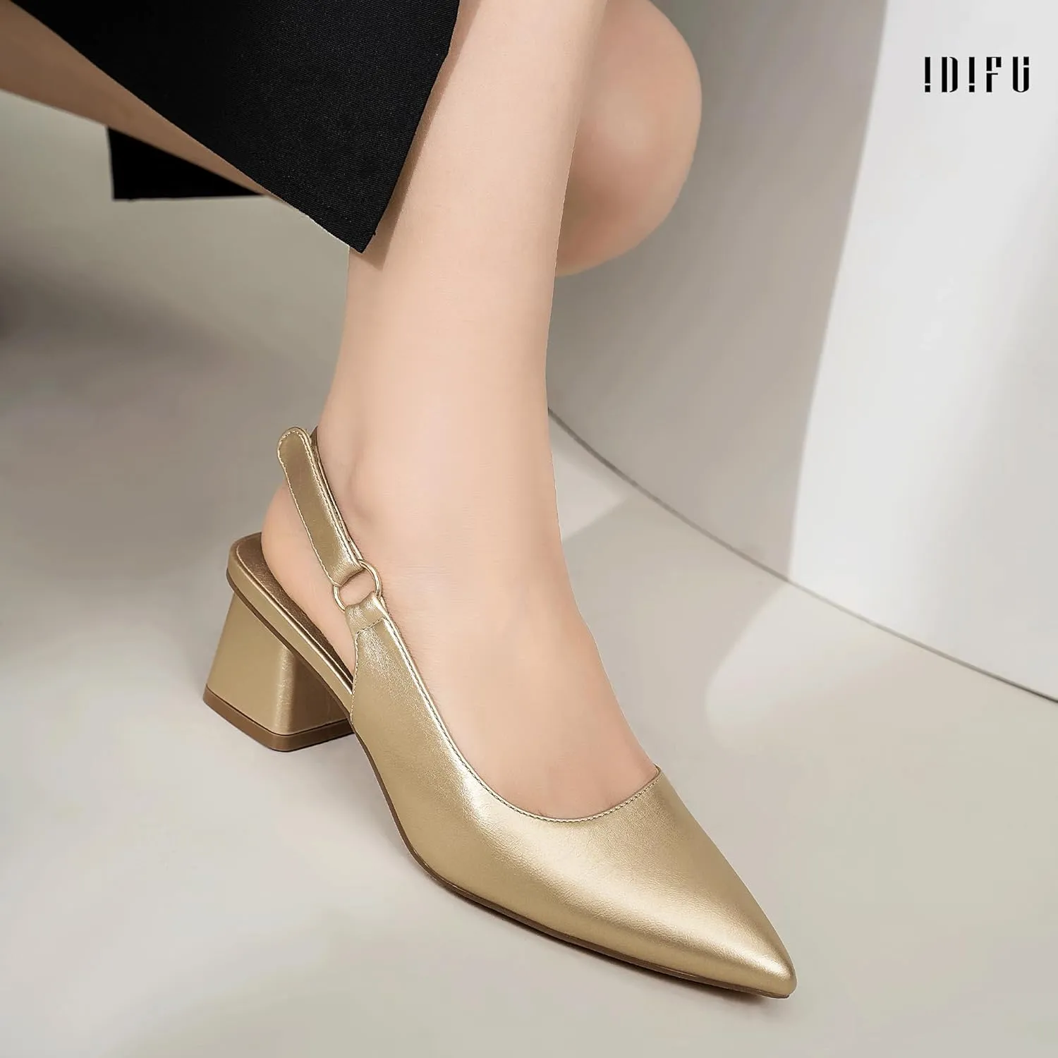 IDIFU IN2 Slingback Closed Toe Heels Chunky Low Block Short Heels Women's Pumps Hook and Loop Pointed Toe Wedding Bride Prom Dress Shoes for Women Dressy Comfortable Cute Small Thick Pumps Shoes