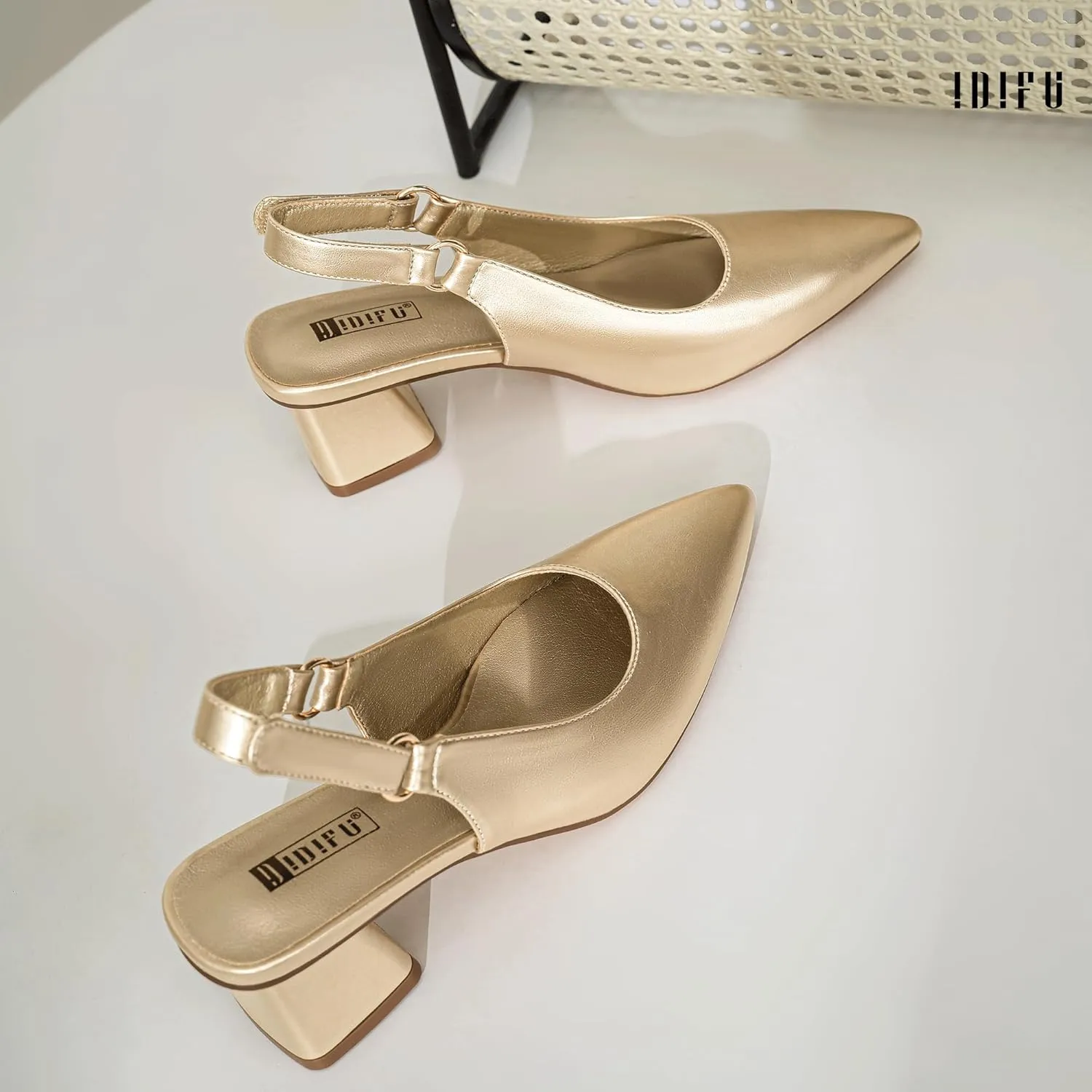 IDIFU IN2 Slingback Closed Toe Heels Chunky Low Block Short Heels Women's Pumps Hook and Loop Pointed Toe Wedding Bride Prom Dress Shoes for Women Dressy Comfortable Cute Small Thick Pumps Shoes