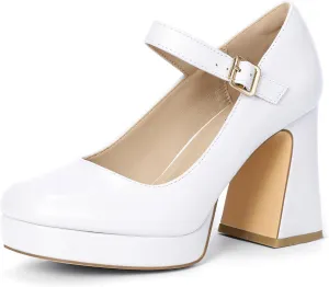 IDIFU IN4 Platform Mary Jane Shoes Women's Pumps High Chunky Square Closed Toe Heels Block Ankle Strap Work Wedding Prom Comfortable Dress Shoe Dressy Cute Trendy Vintage Heel Pump Shoes
