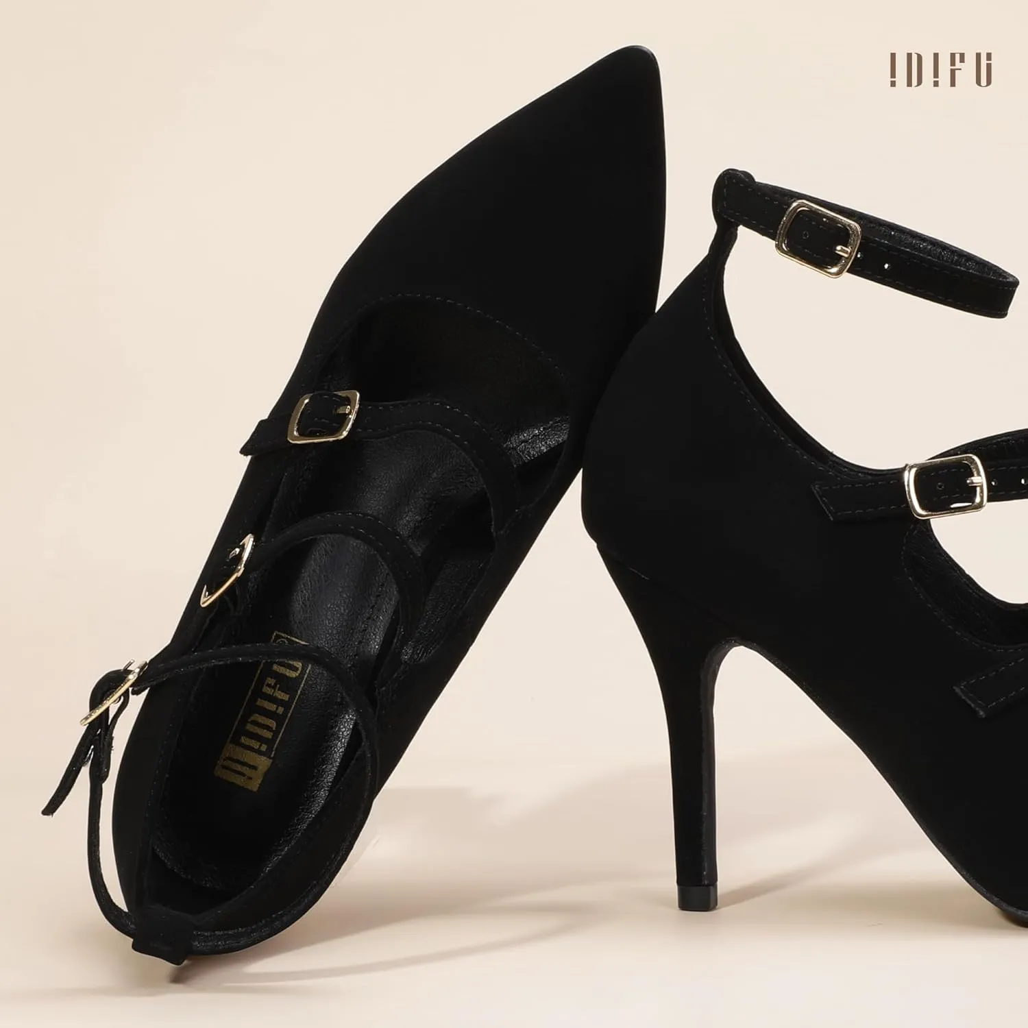 IDIFU IN4 Women's Pumps High Heels Dress Shoes for Women Closed Toe Strappy Heels Wedding Comfortable Dressy Formal Stiletto Ankle Strap Pointed Toe Three Strap Heels Pump Shoes