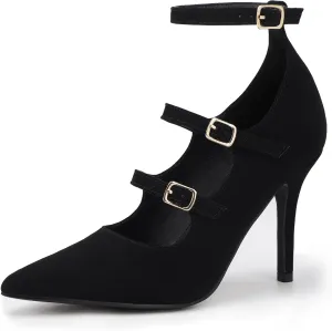 IDIFU IN4 Women's Pumps High Heels Dress Shoes for Women Closed Toe Strappy Heels Wedding Comfortable Dressy Formal Stiletto Ankle Strap Pointed Toe Three Strap Heels Pump Shoes