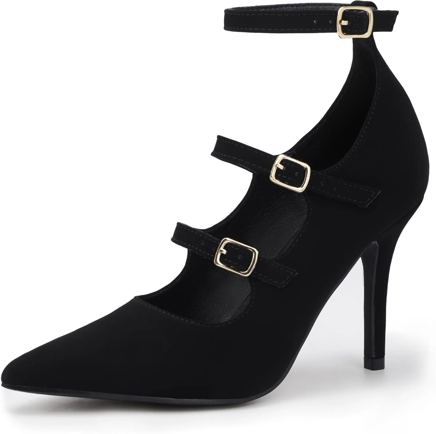 IDIFU IN4 Women's Pumps High Heels Dress Shoes for Women Closed Toe Strappy Heels Wedding Comfortable Dressy Formal Stiletto Ankle Strap Pointed Toe Three Strap Heels Pump Shoes