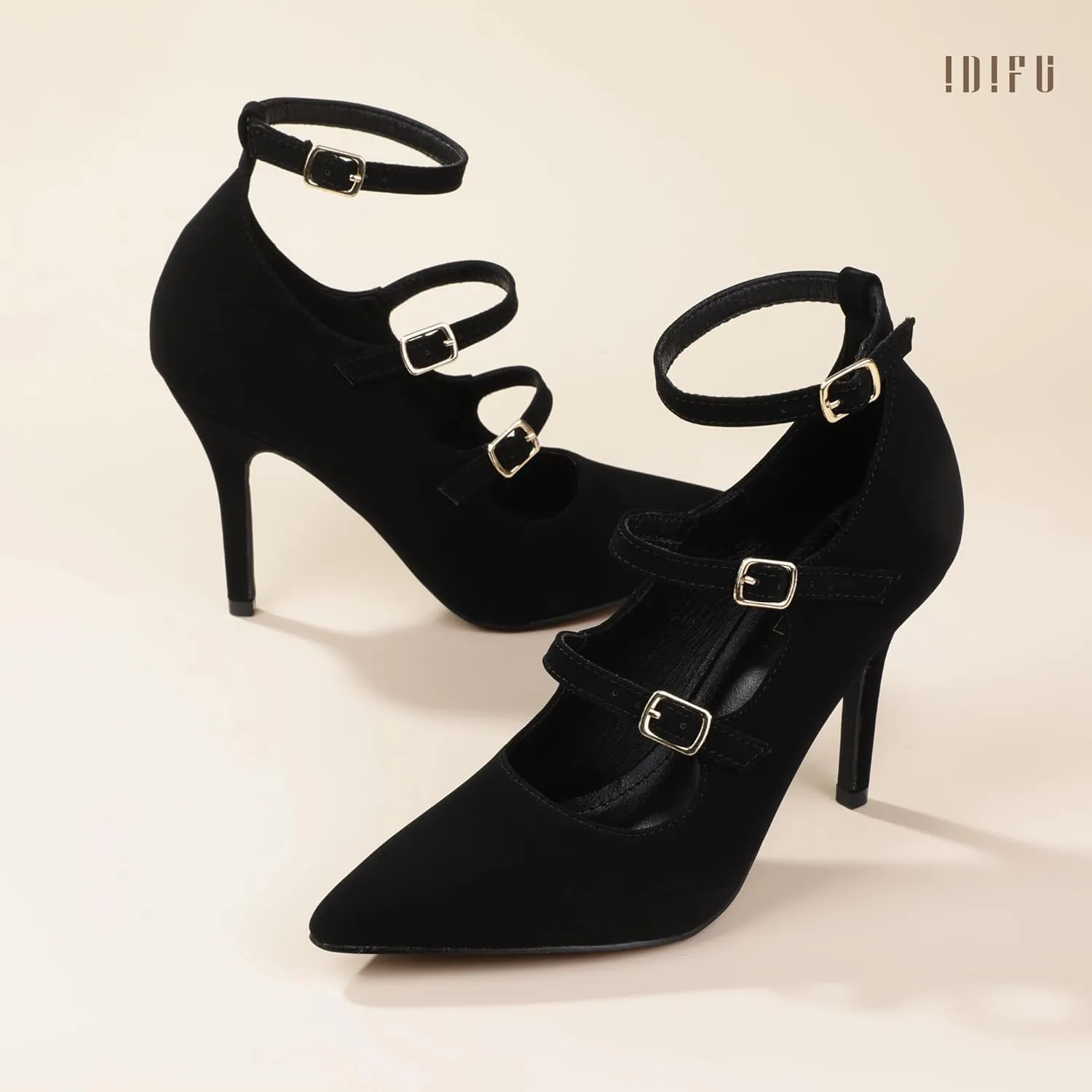 IDIFU IN4 Women's Pumps High Heels Dress Shoes for Women Closed Toe Strappy Heels Wedding Comfortable Dressy Formal Stiletto Ankle Strap Pointed Toe Three Strap Heels Pump Shoes