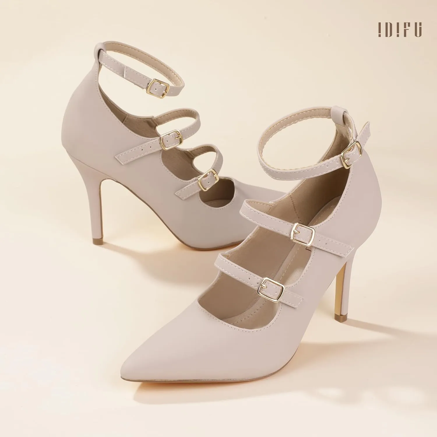 IDIFU IN4 Women's Pumps High Heels Dress Shoes for Women Closed Toe Strappy Heels Wedding Comfortable Dressy Formal Stiletto Ankle Strap Pointed Toe Three Strap Heels Pump Shoes