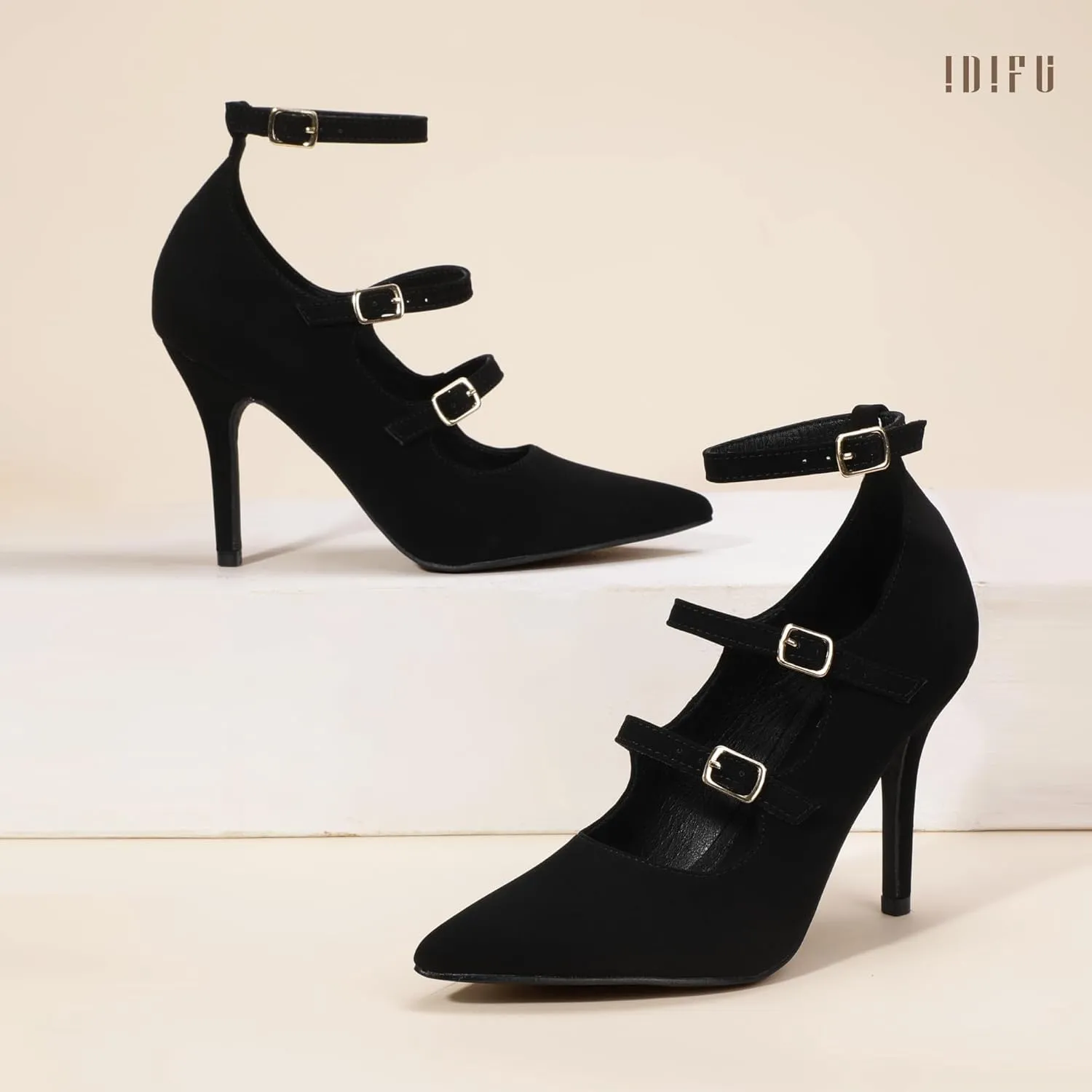 IDIFU IN4 Women's Pumps High Heels Dress Shoes for Women Closed Toe Strappy Heels Wedding Comfortable Dressy Formal Stiletto Ankle Strap Pointed Toe Three Strap Heels Pump Shoes