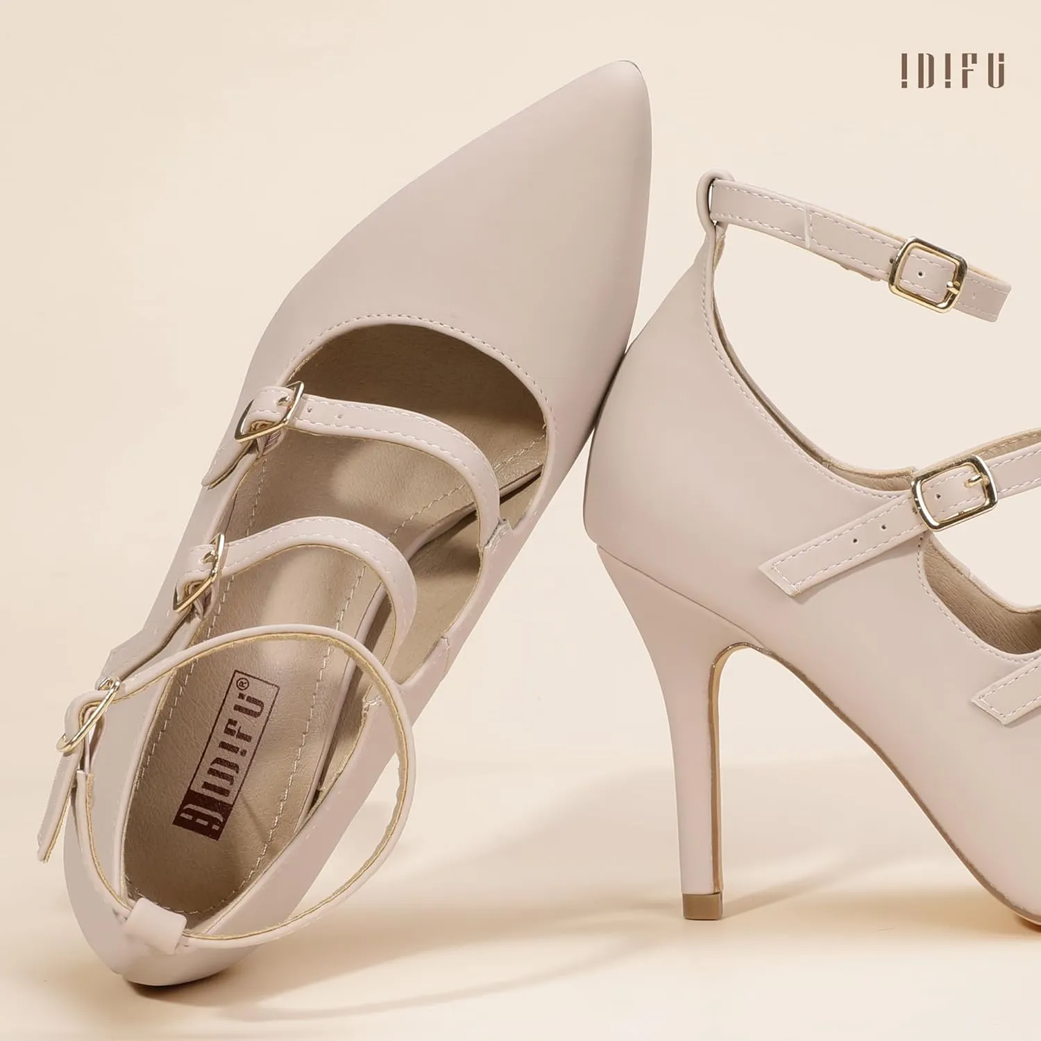 IDIFU IN4 Women's Pumps High Heels Dress Shoes for Women Closed Toe Strappy Heels Wedding Comfortable Dressy Formal Stiletto Ankle Strap Pointed Toe Three Strap Heels Pump Shoes