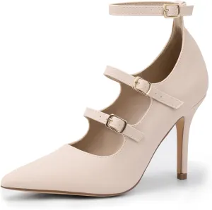 IDIFU IN4 Women's Pumps High Heels Dress Shoes for Women Closed Toe Strappy Heels Wedding Comfortable Dressy Formal Stiletto Ankle Strap Pointed Toe Three Strap Heels Pump Shoes