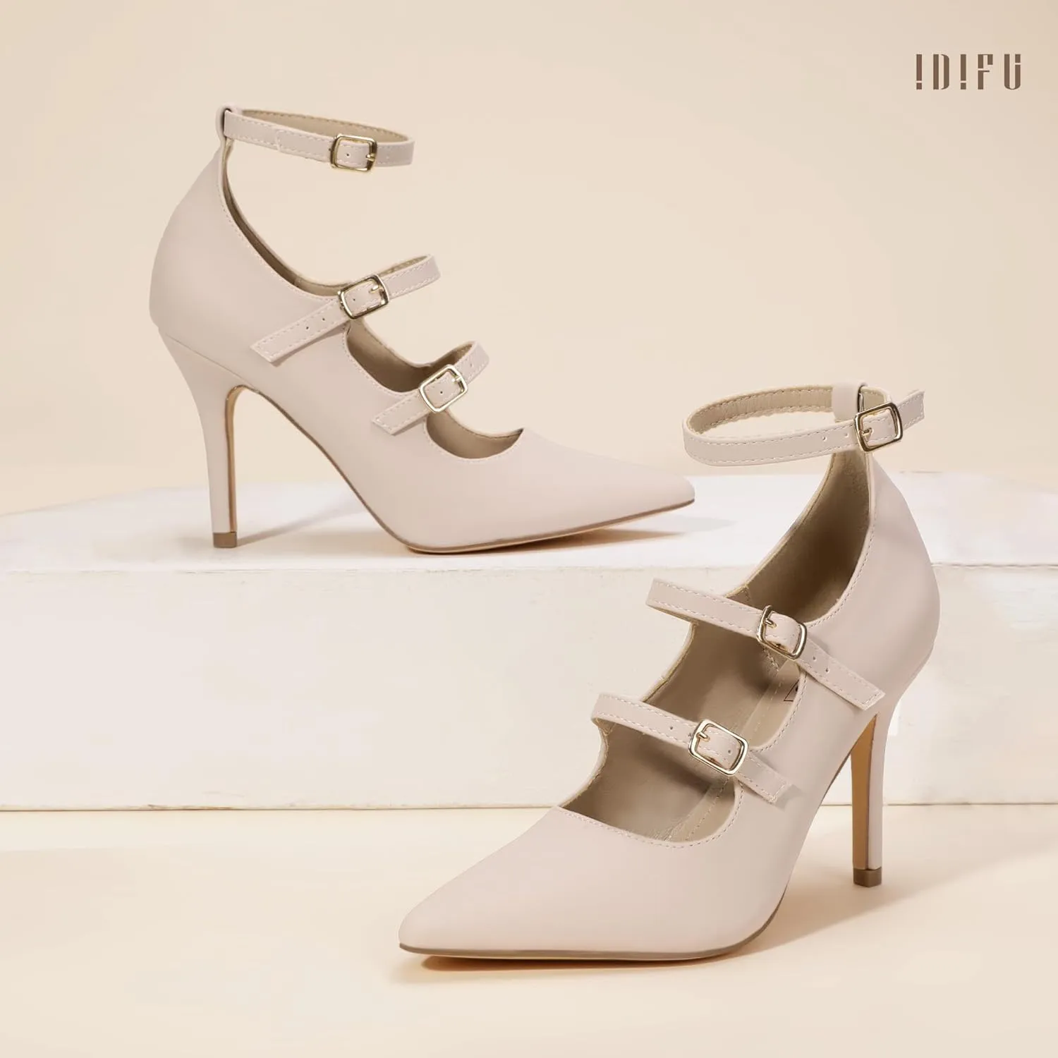 IDIFU IN4 Women's Pumps High Heels Dress Shoes for Women Closed Toe Strappy Heels Wedding Comfortable Dressy Formal Stiletto Ankle Strap Pointed Toe Three Strap Heels Pump Shoes
