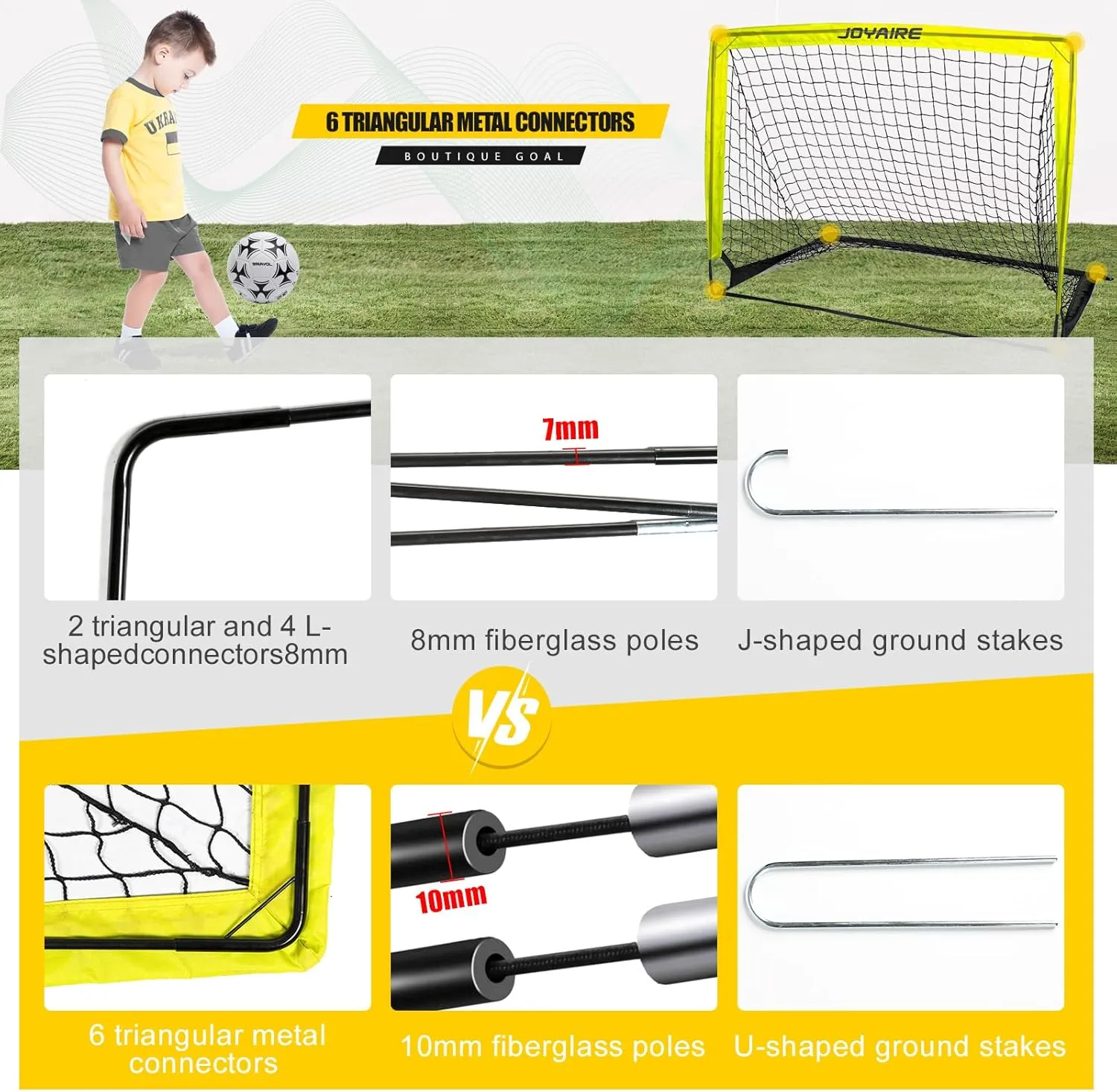 Kids Soccer Goals for Backyard Set, Portable Toddler Soccer Goal 2 of 4x3 ft, 6x4 ft, 7x5 ft, Soccer Training Equipment, Pop Up Soccer Net Kit with Size 4 Soccer Ball, Youth Games, Outdoor Sports Play