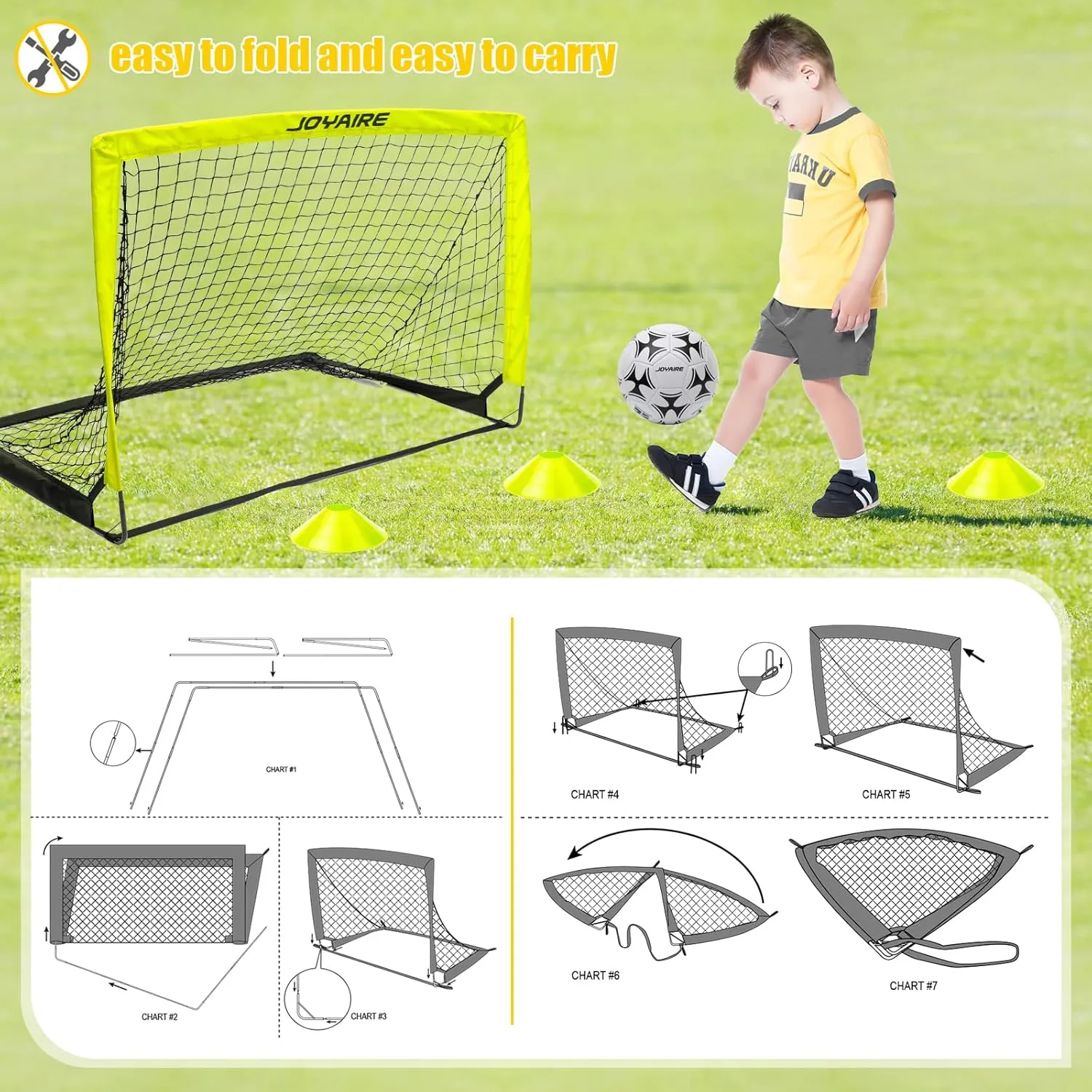 Kids Soccer Goals for Backyard Set, Portable Toddler Soccer Goal 2 of 4x3 ft, 6x4 ft, 7x5 ft, Soccer Training Equipment, Pop Up Soccer Net Kit with Size 4 Soccer Ball, Youth Games, Outdoor Sports Play