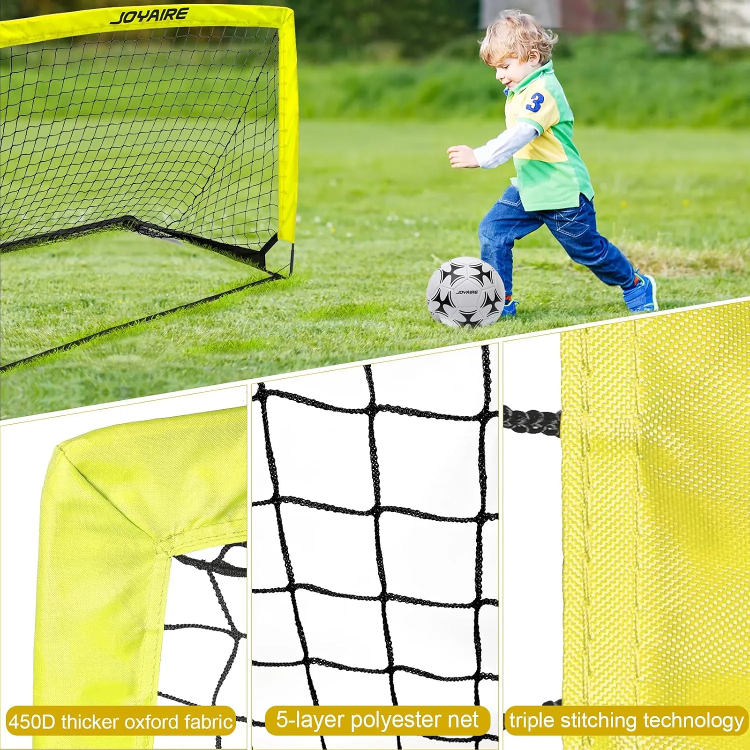 Kids Soccer Goals for Backyard Set, Portable Toddler Soccer Goal 2 of 4x3 ft, 6x4 ft, 7x5 ft, Soccer Training Equipment, Pop Up Soccer Net Kit with Size 4 Soccer Ball, Youth Games, Outdoor Sports Play