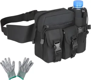 Klmnop Metal Detecting Bag with A Pair of Gloves, Portable Finds Waist Bag with Water Bottle Pouch for Outdoor Metal Detector Accessory(Black)