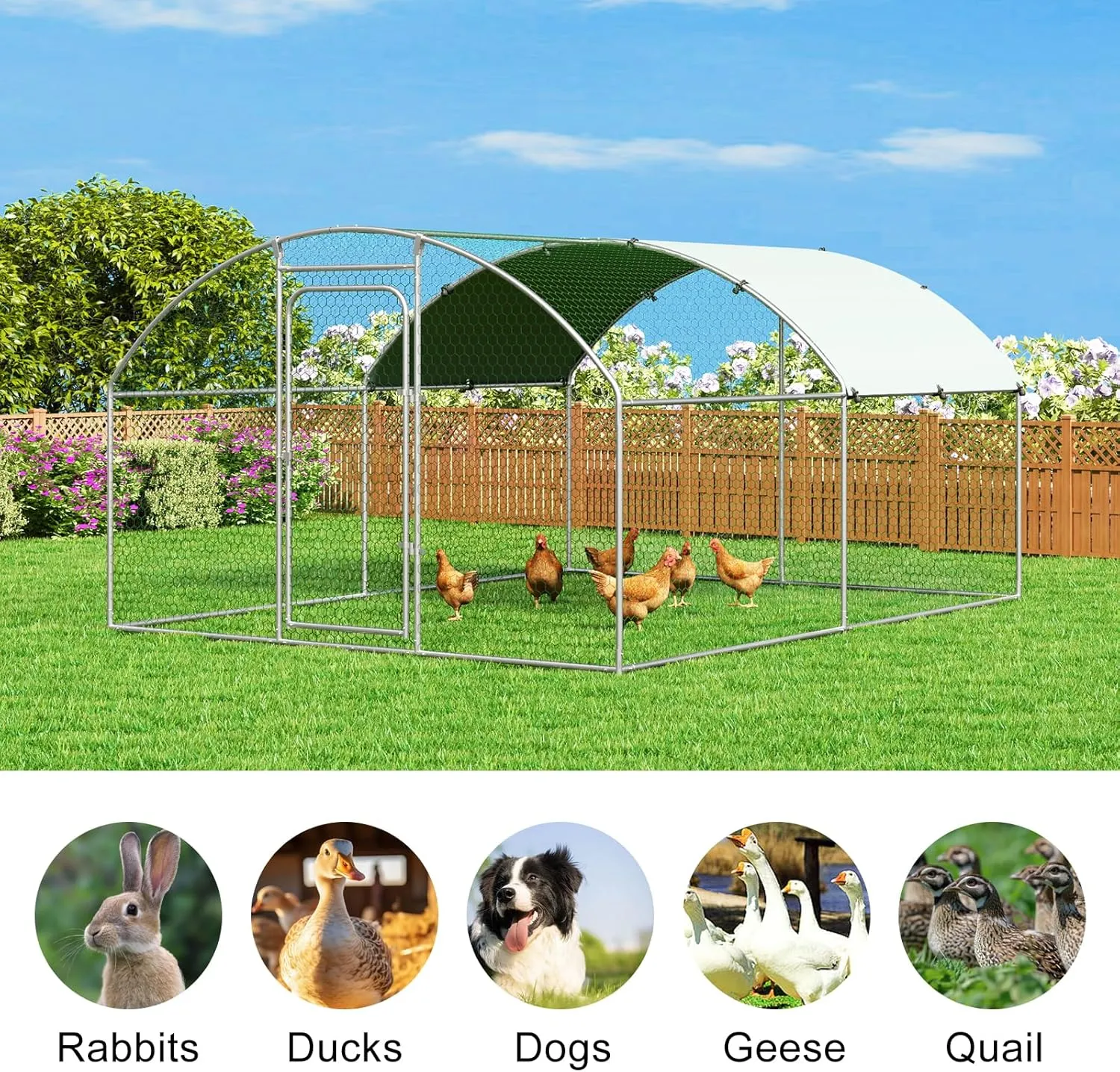 Large Metal Chicken Coop Chicken Run Hen Rabbit Duck House with Waterproof Cover for Outdoor Walk-in Poultry Cage Back Yard, Dome Roof(10’ W x 13.1’ L x 6.4’ H)