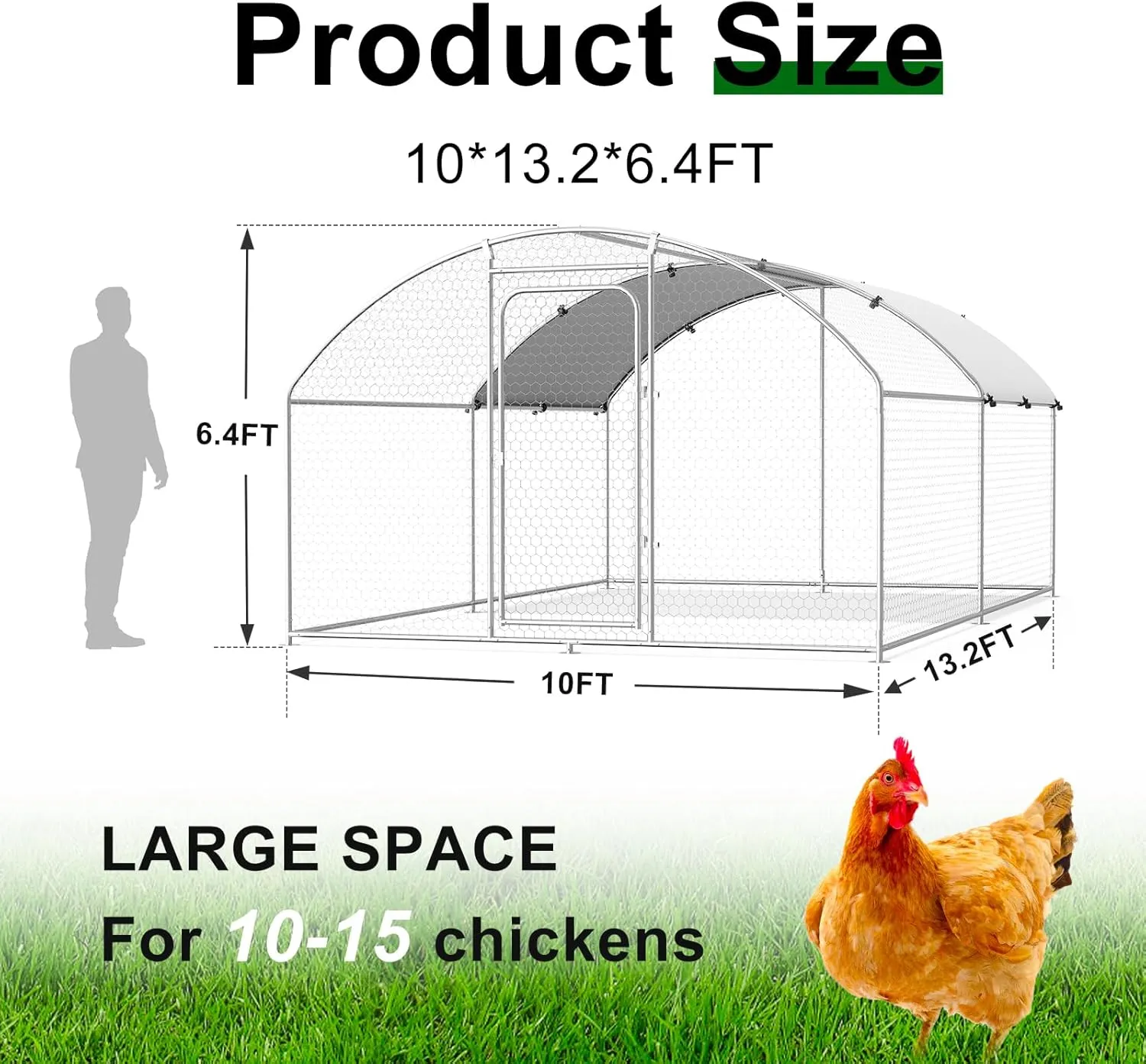 Large Metal Chicken Coop Chicken Run Hen Rabbit Duck House with Waterproof Cover for Outdoor Walk-in Poultry Cage Back Yard, Dome Roof(10’ W x 13.1’ L x 6.4’ H)