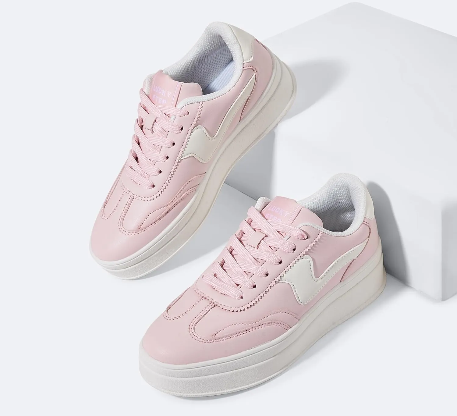 LUCKY STEP Women's Platform Fashion Sneakers Thick Sole Suede Genuine Leather Classic Rubber Gum Sole Low Top Casual Walking Shoes
