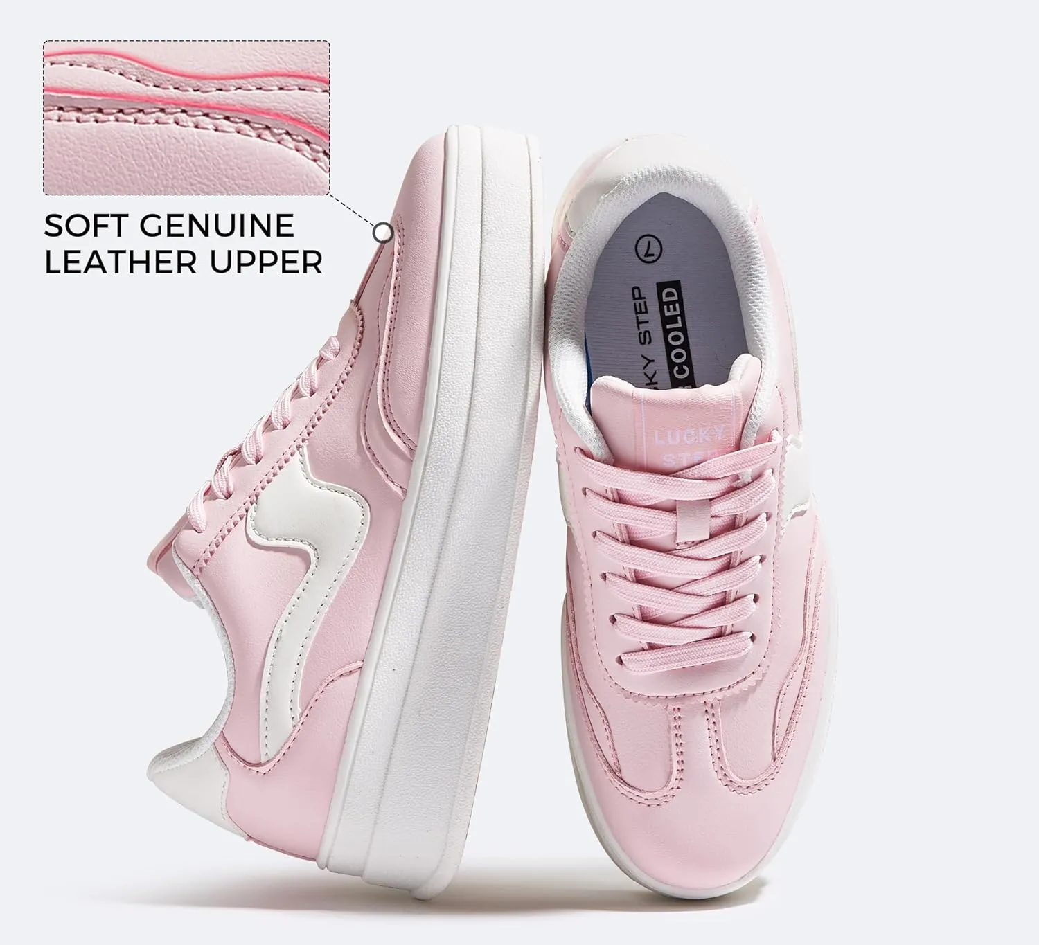 LUCKY STEP Women's Platform Fashion Sneakers Thick Sole Suede Genuine Leather Classic Rubber Gum Sole Low Top Casual Walking Shoes
