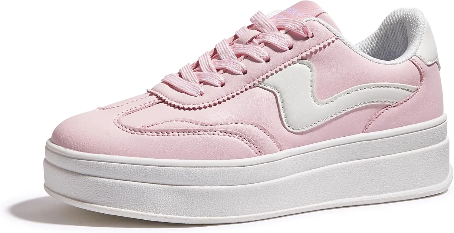 LUCKY STEP Women's Platform Fashion Sneakers Thick Sole Suede Genuine Leather Classic Rubber Gum Sole Low Top Casual Walking Shoes