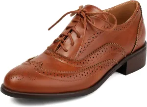 LUXMAX Women Lace Up Oxford Shoes Flats Wingtip Brogues Shoes Low Chunky Heel Vintage Saddle Shoes