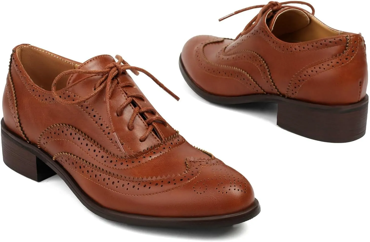 LUXMAX Women Lace Up Oxford Shoes Flats Wingtip Brogues Shoes Low Chunky Heel Vintage Saddle Shoes