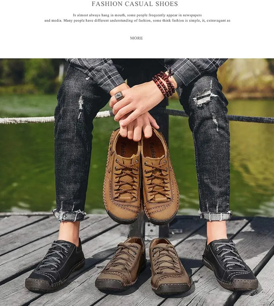 Mens Casual Shoes Breathable Sneakers Walking Shoes Lace-Up Leather Dress Flats Shoes for Driving