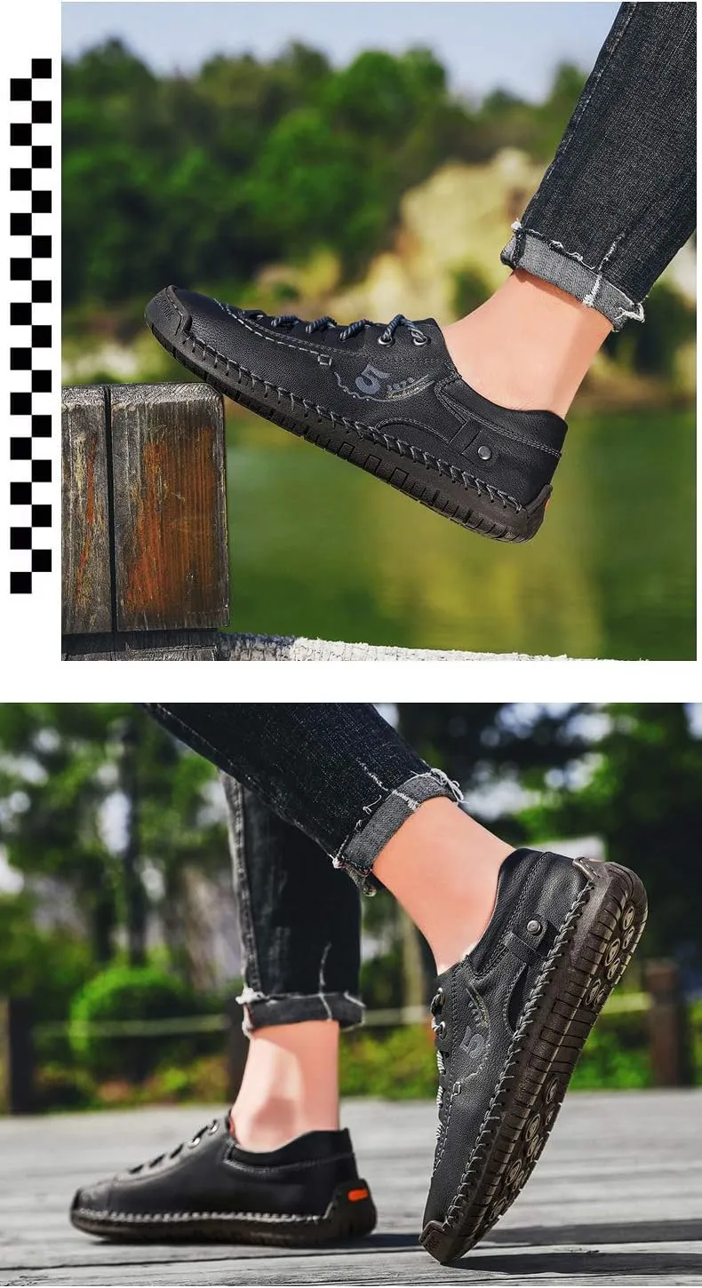 Mens Casual Shoes Breathable Sneakers Walking Shoes Lace-Up Leather Dress Flats Shoes for Driving