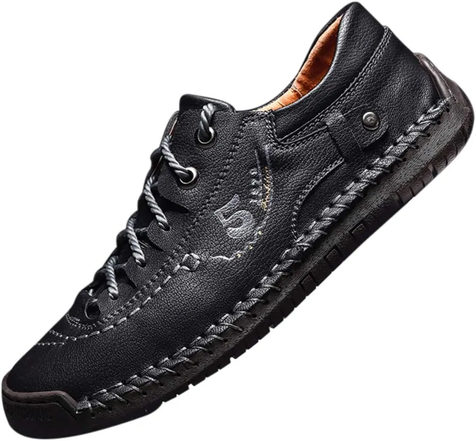 Mens Casual Shoes Breathable Sneakers Walking Shoes Lace-Up Leather Dress Flats Shoes for Driving