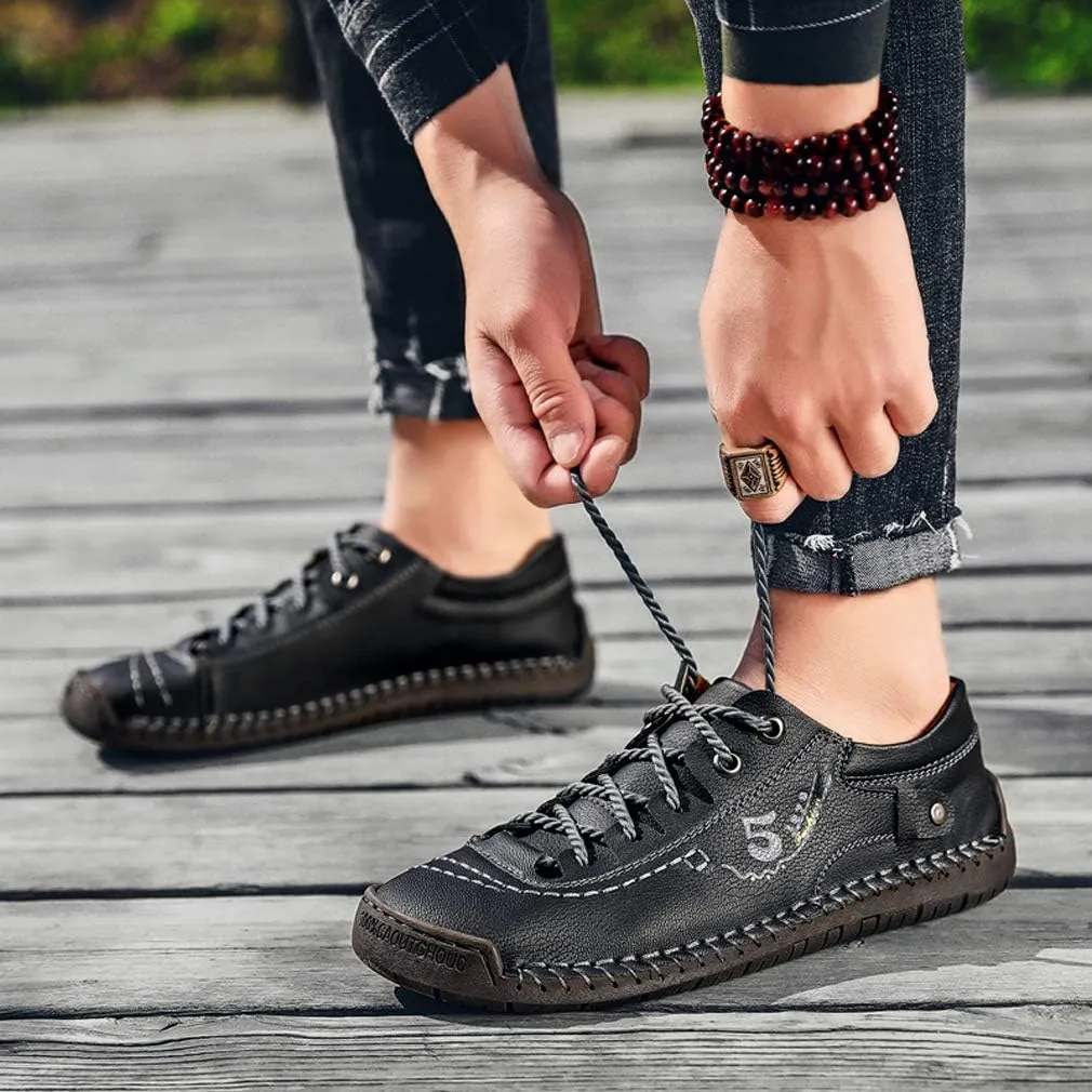 Mens Casual Shoes Breathable Sneakers Walking Shoes Lace-Up Leather Dress Flats Shoes for Driving