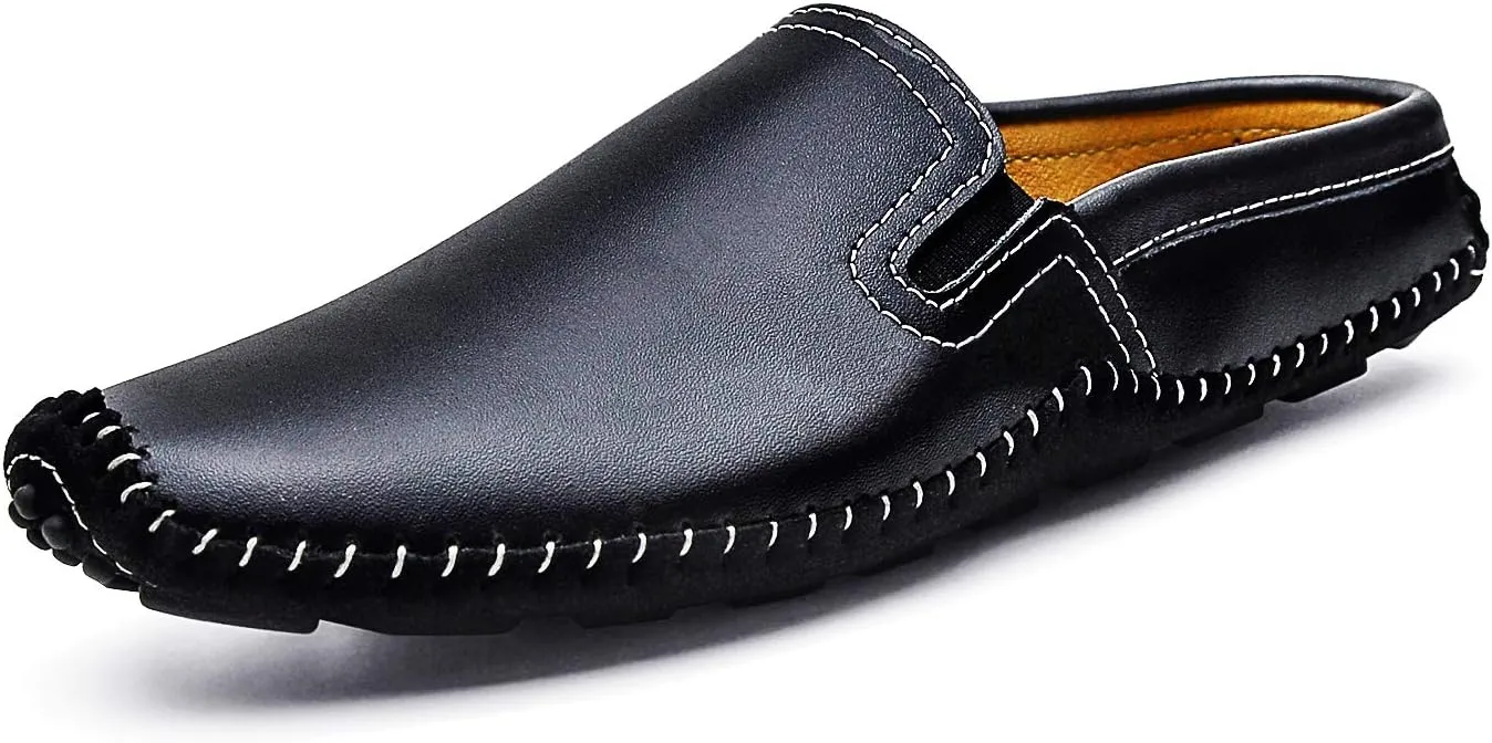 Mens Mules Clog Slippers Breathable Punching Genuine Leather Slip on Casual Backless Loafer Shoes