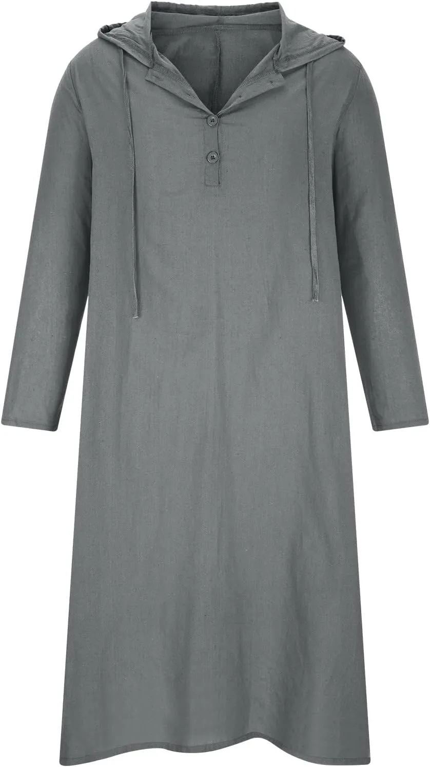 Men's Muslim Arab Caftan Long Sleeve Button Up Long Gown Drawstring Cotton Linen Hooded Muslim Robe Mens Clothing