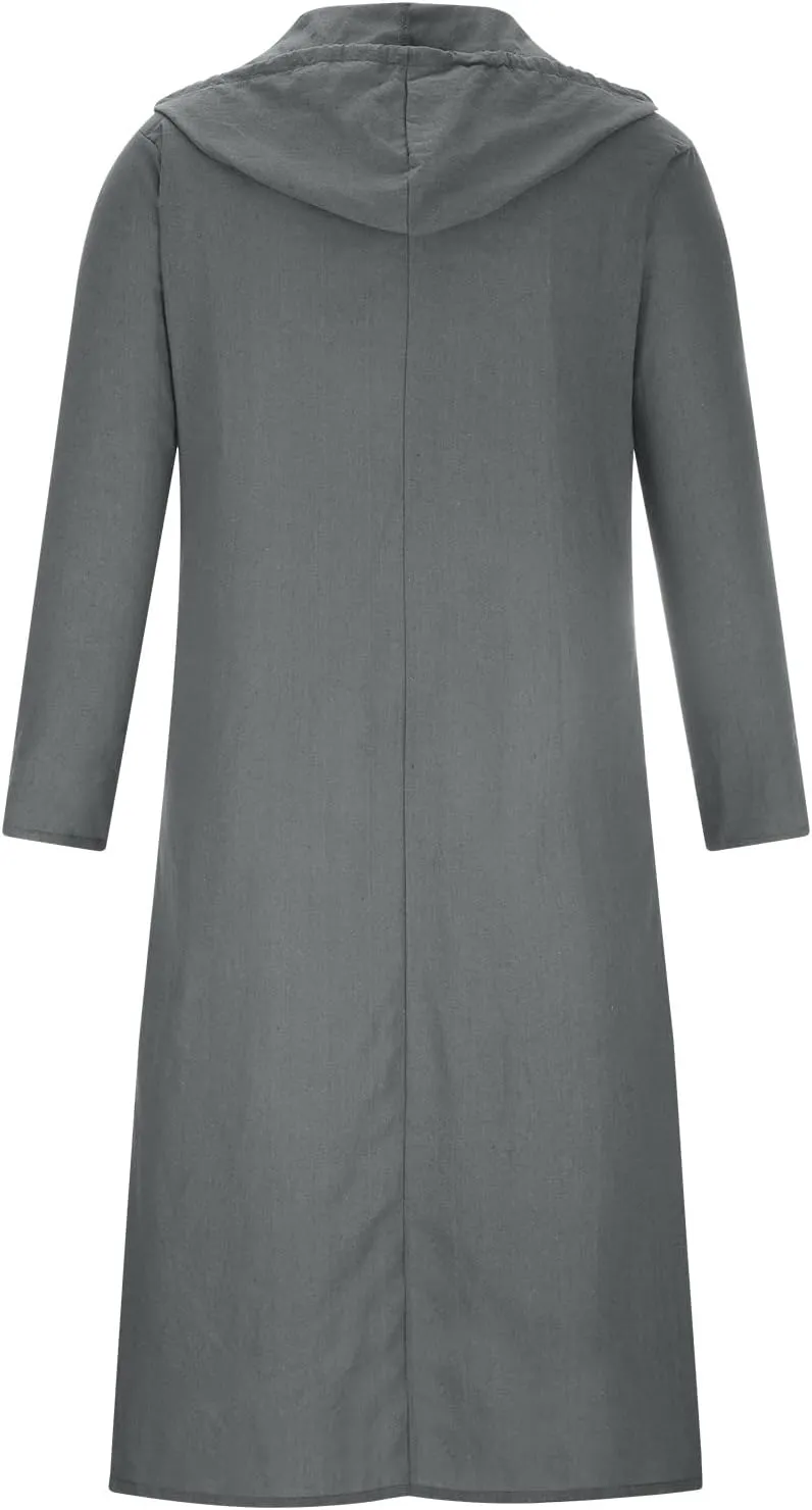 Men's Muslim Arab Caftan Long Sleeve Button Up Long Gown Drawstring Cotton Linen Hooded Muslim Robe Mens Clothing