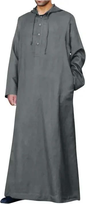 Men's Muslim Arab Caftan Long Sleeve Button Up Long Gown Drawstring Cotton Linen Hooded Muslim Robe Mens Clothing