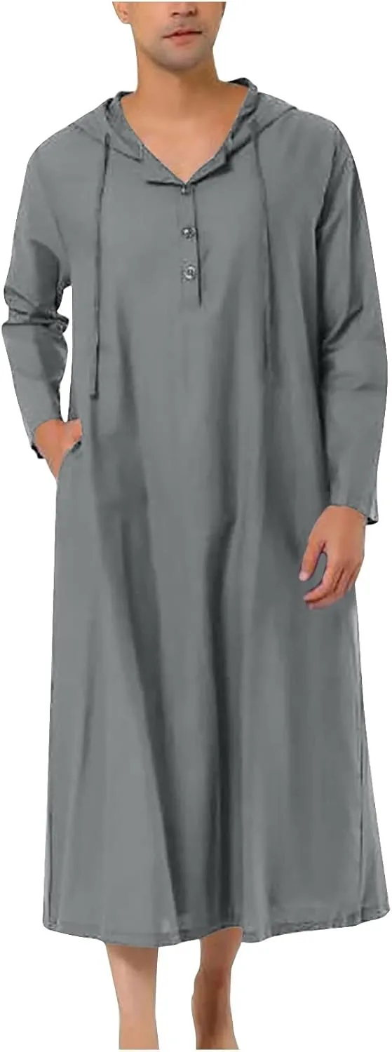 Men's Muslim Arab Caftan Long Sleeve Button Up Long Gown Drawstring Cotton Linen Hooded Muslim Robe Mens Clothing