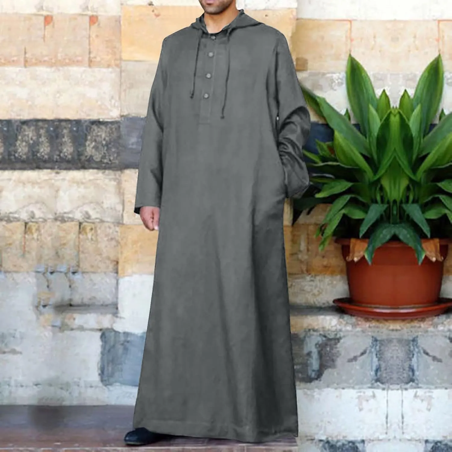 Men's Muslim Arab Caftan Long Sleeve Button Up Long Gown Drawstring Cotton Linen Hooded Muslim Robe Mens Clothing