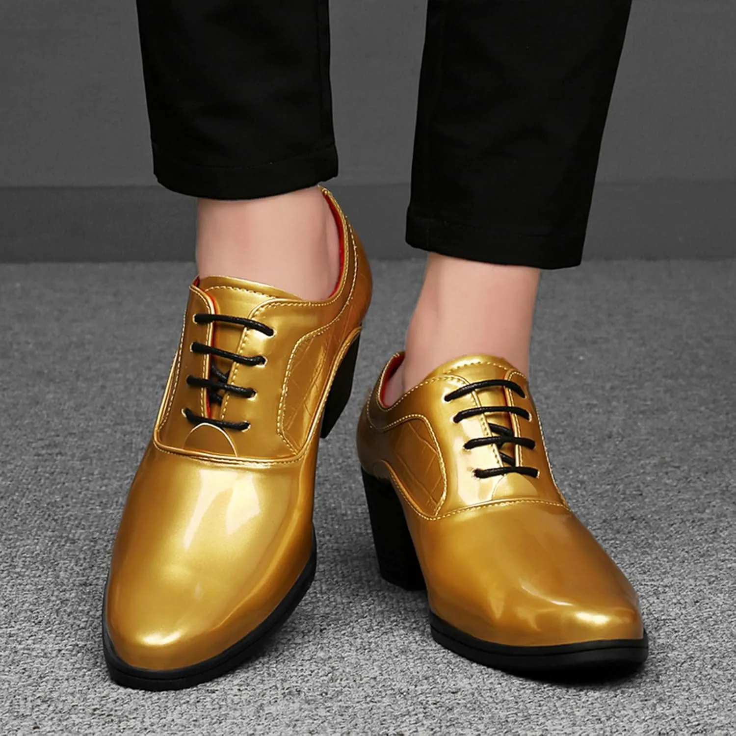 Men's Patent Leather Chunky Heel Oxford Shoes Pointed Toe Lace-up Fashion High Heels Business Work Wedding Prom Dress Derby Shoes