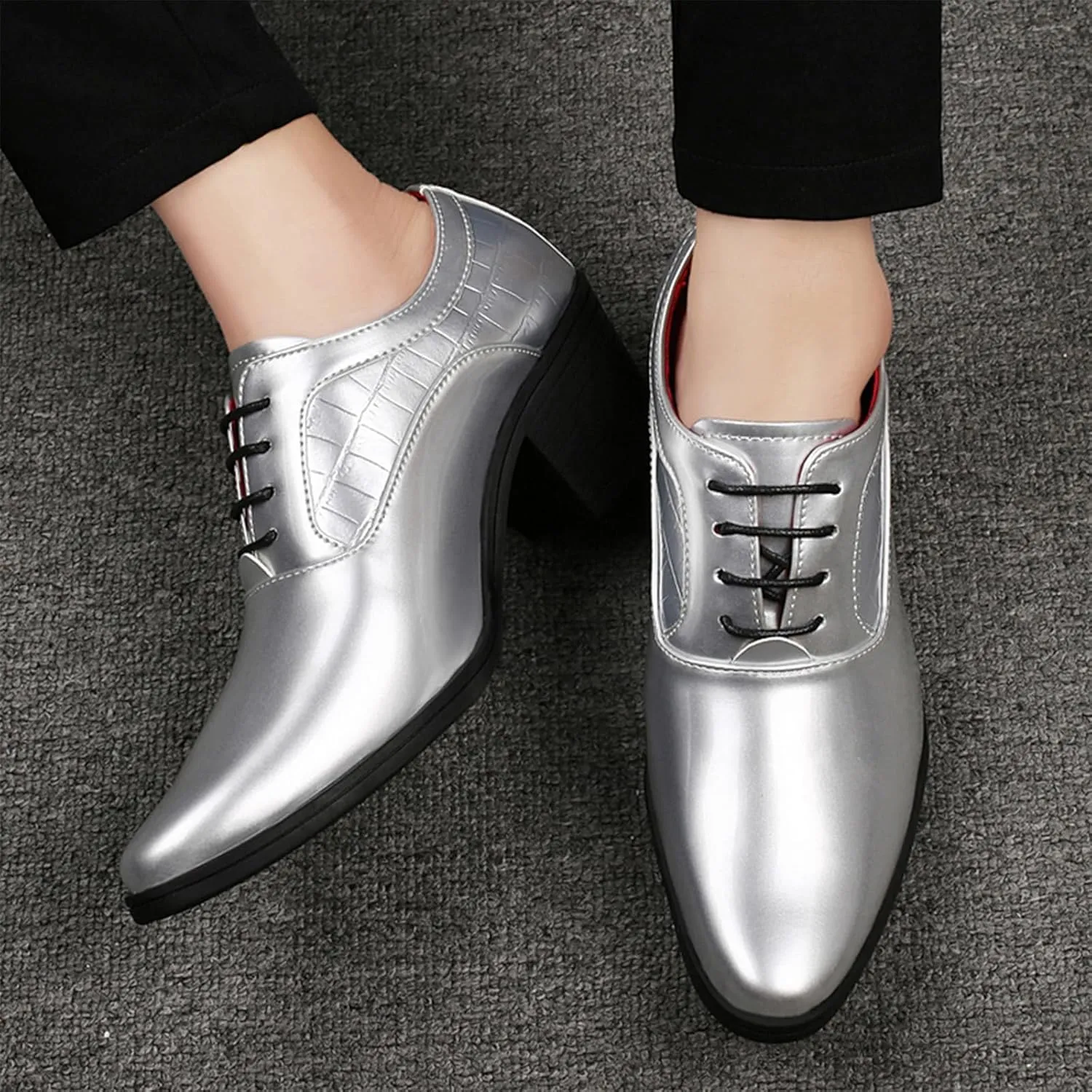 Men's Patent Leather Chunky Heel Oxford Shoes Pointed Toe Lace-up Fashion High Heels Business Work Wedding Prom Dress Derby Shoes
