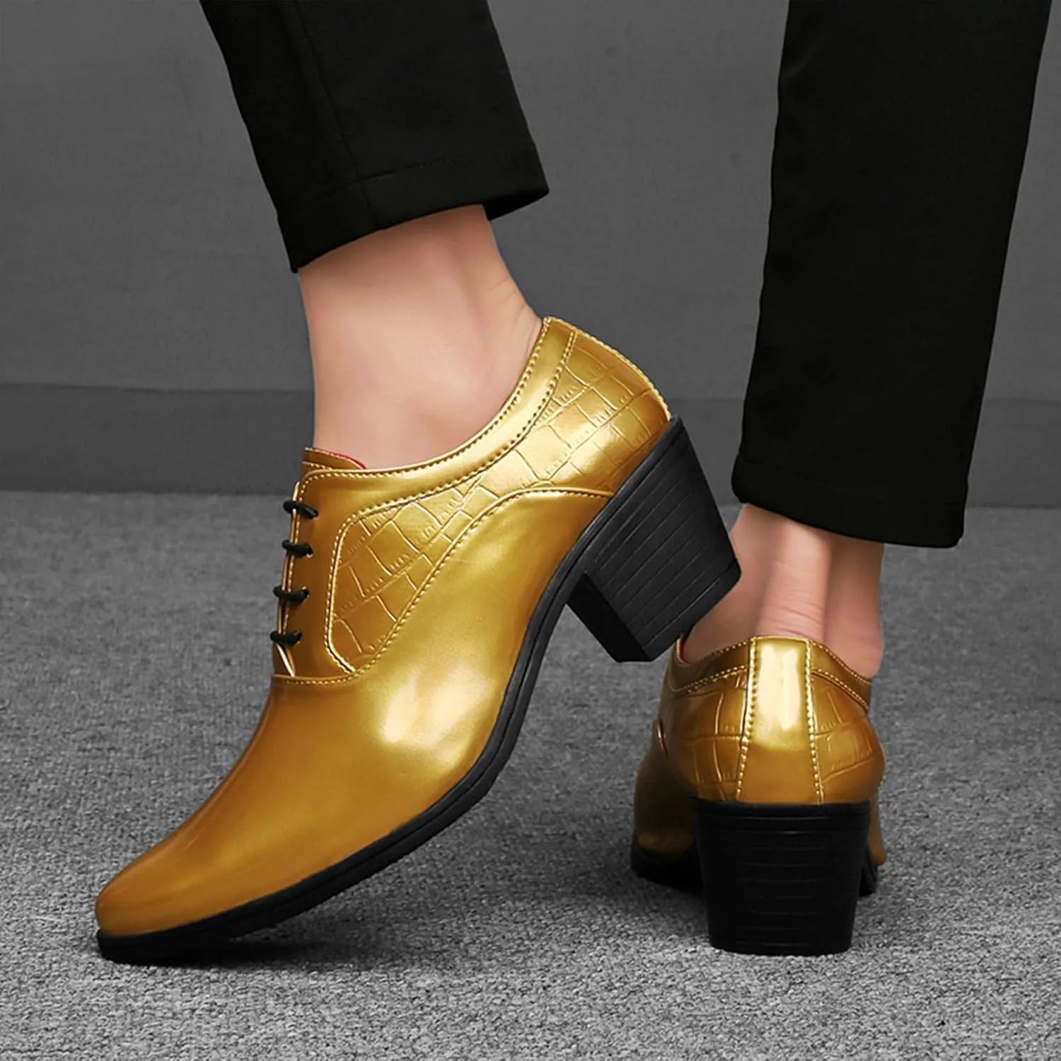 Men's Patent Leather Chunky Heel Oxford Shoes Pointed Toe Lace-up Fashion High Heels Business Work Wedding Prom Dress Derby Shoes