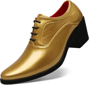 Men's Patent Leather Chunky Heel Oxford Shoes Pointed Toe Lace-up Fashion High Heels Business Work Wedding Prom Dress Derby Shoes