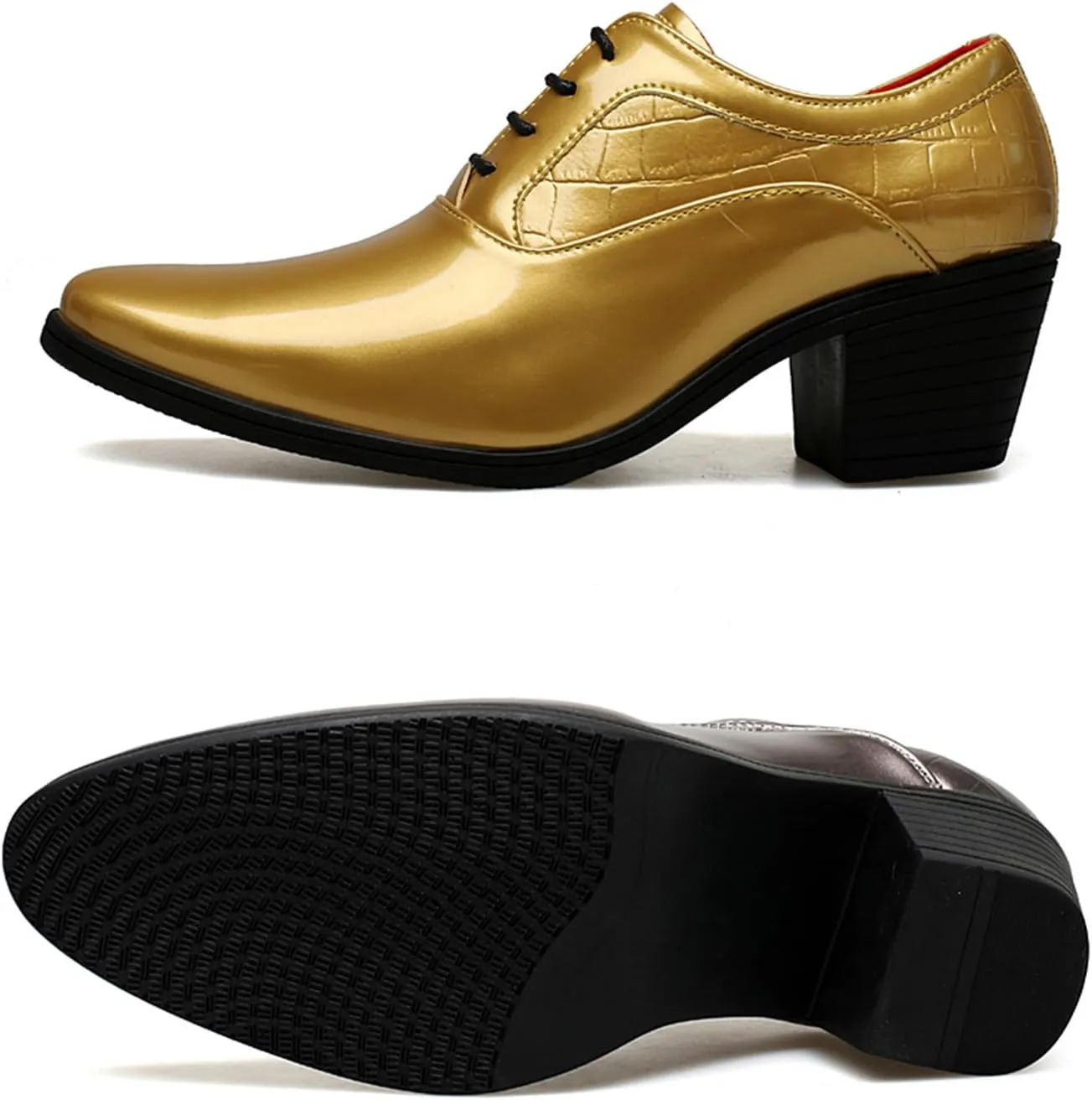 Men's Patent Leather Chunky Heel Oxford Shoes Pointed Toe Lace-up Fashion High Heels Business Work Wedding Prom Dress Derby Shoes